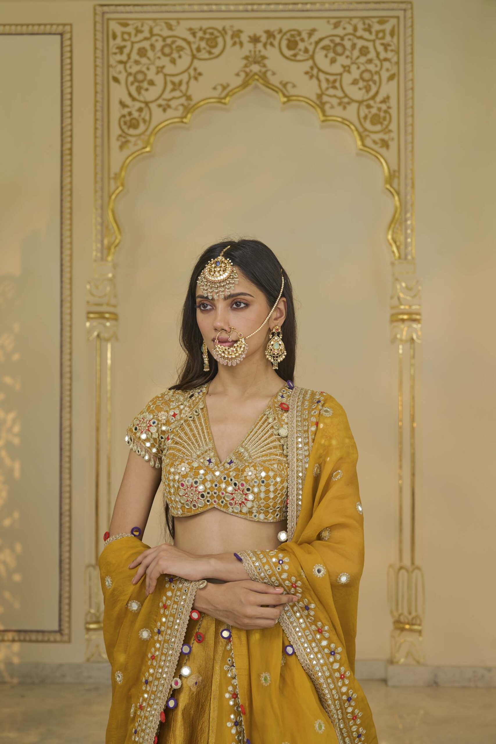 Yellow & multi colour hand embroidered banarasi lehenga set - Image 5