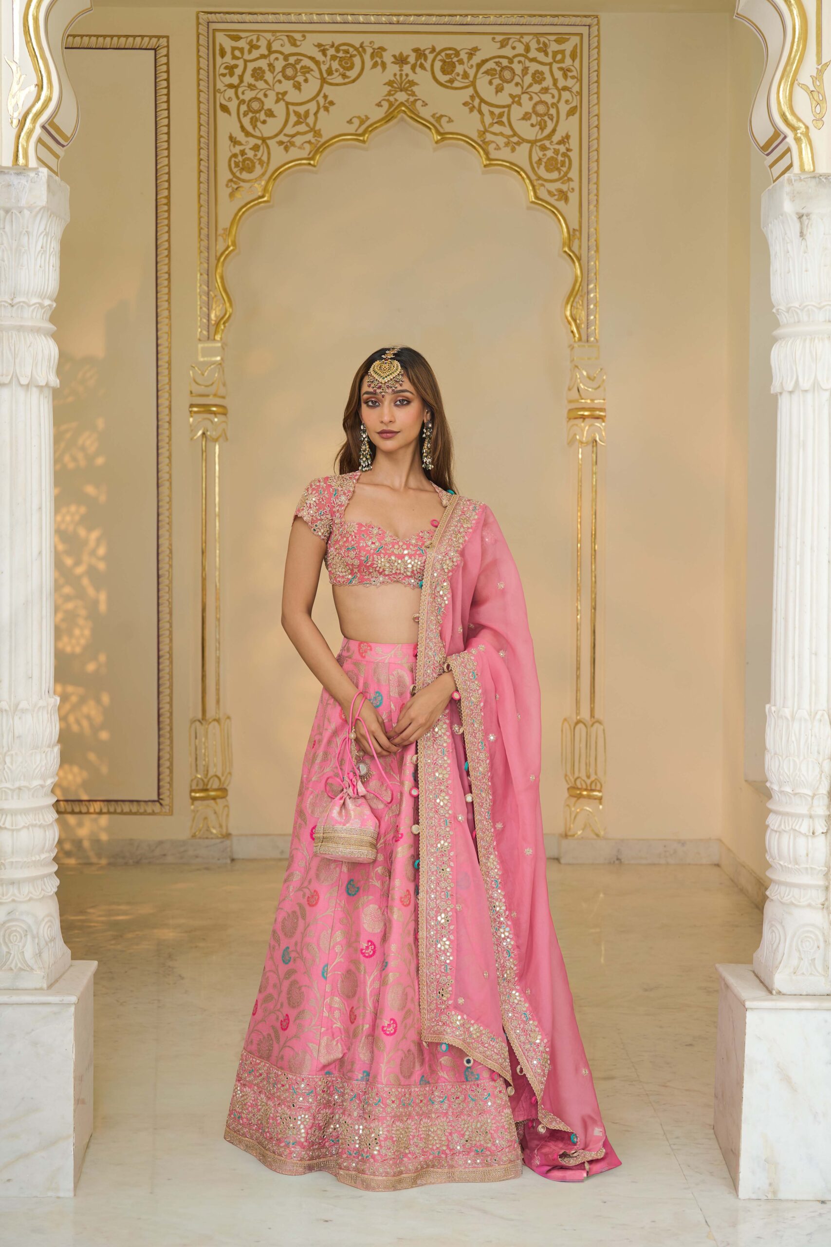Pink & multi colour hand embroidered banarasi lehenga set