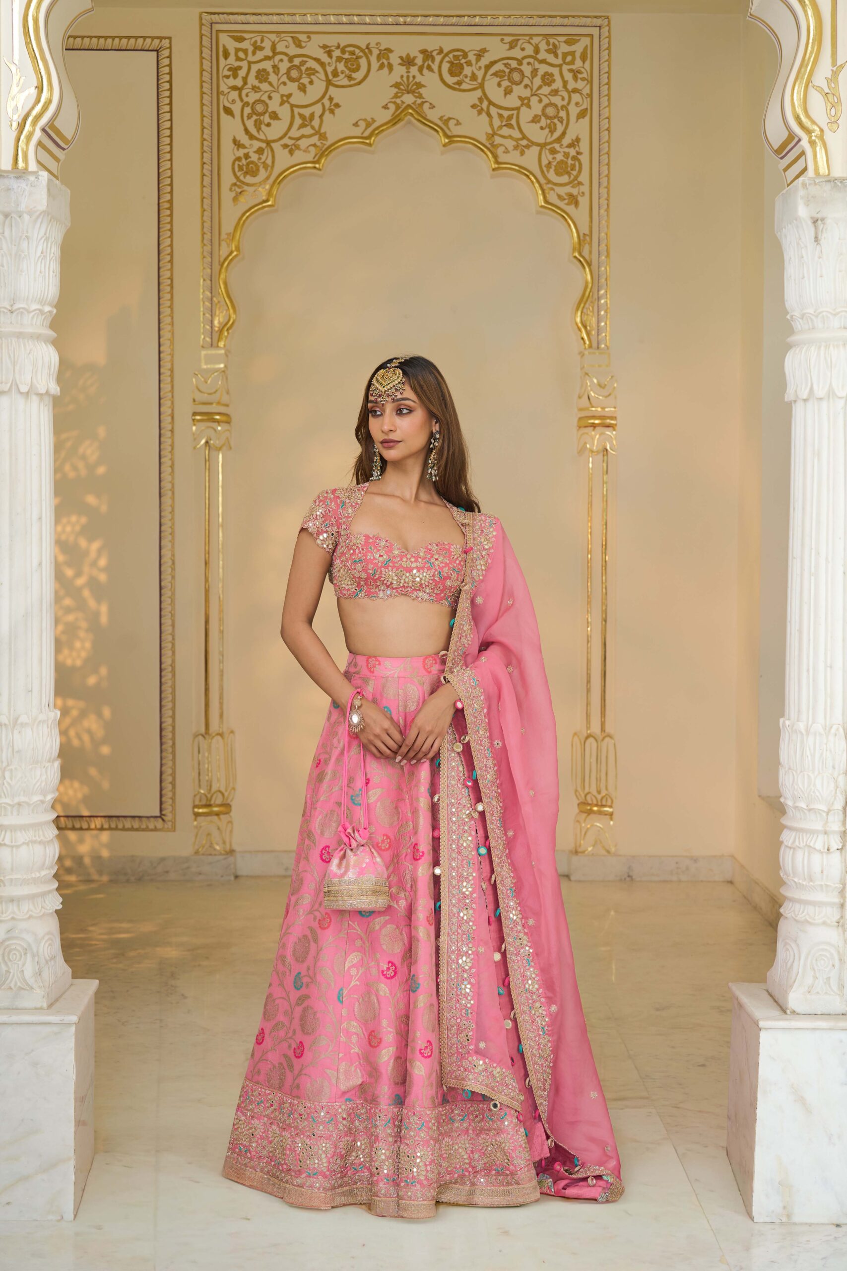 Pink & multi colour hand embroidered banarasi lehenga set - Image 2