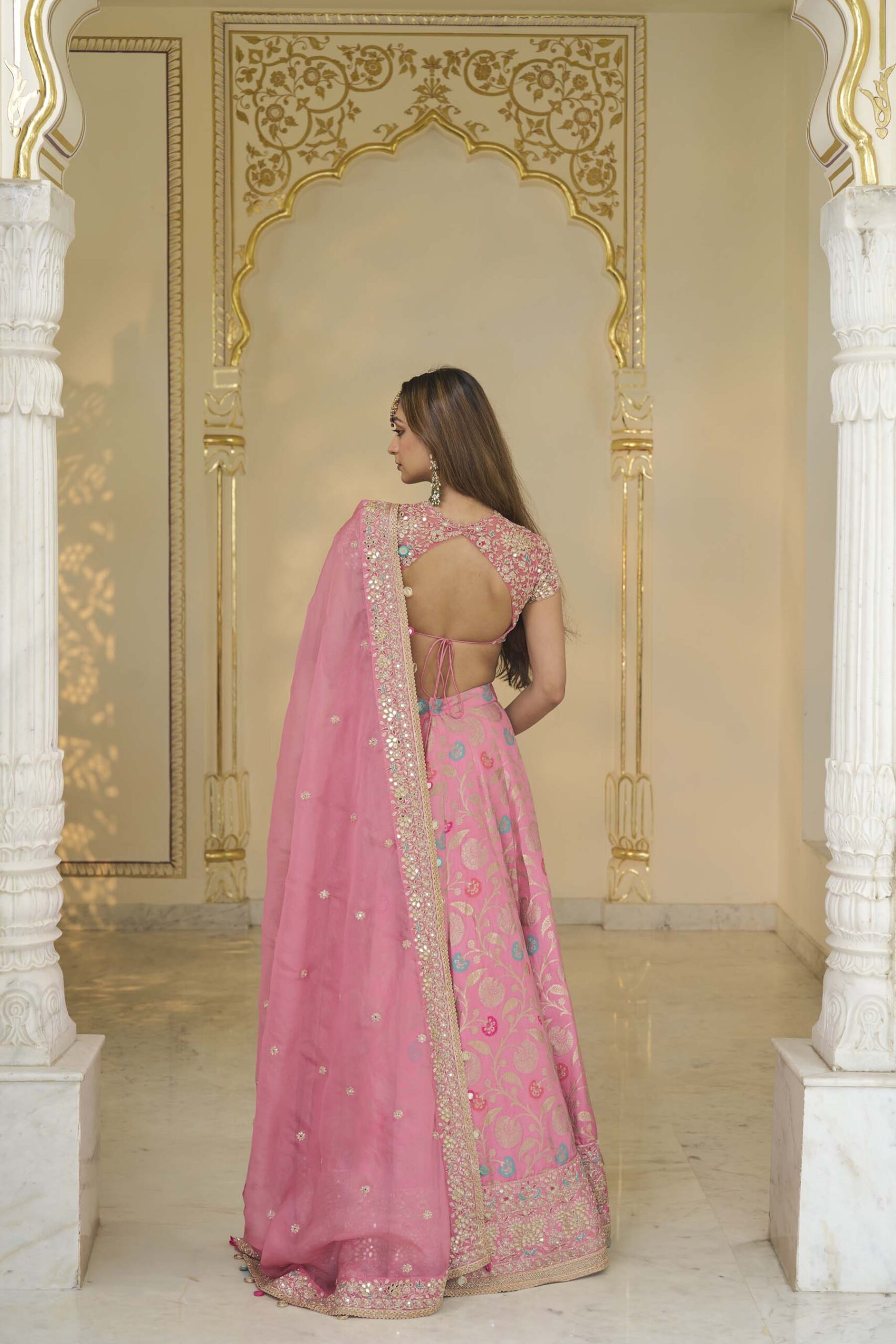 Pink & multi colour hand embroidered banarasi lehenga set - Image 4