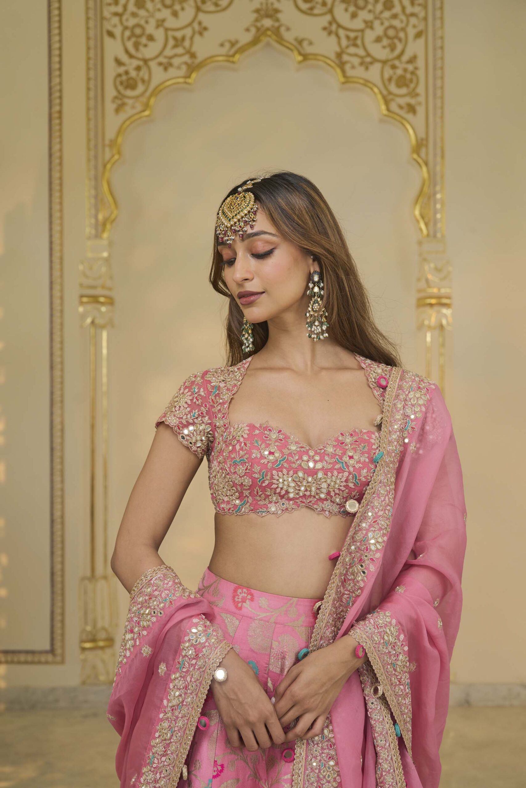 Pink & multi colour hand embroidered banarasi lehenga set - Image 5