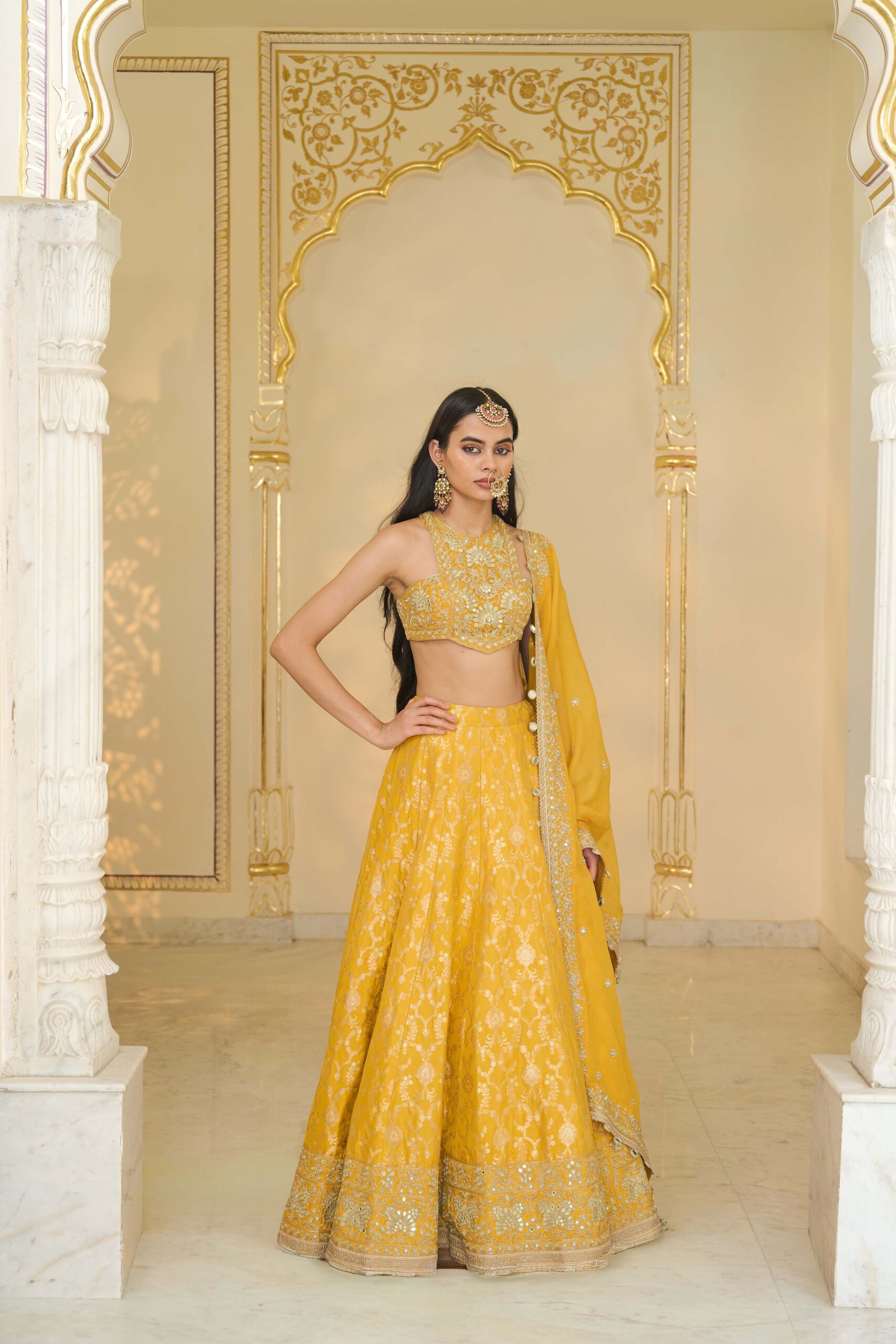 Yellow hand embroidered banarasi lehenga set - Image 3