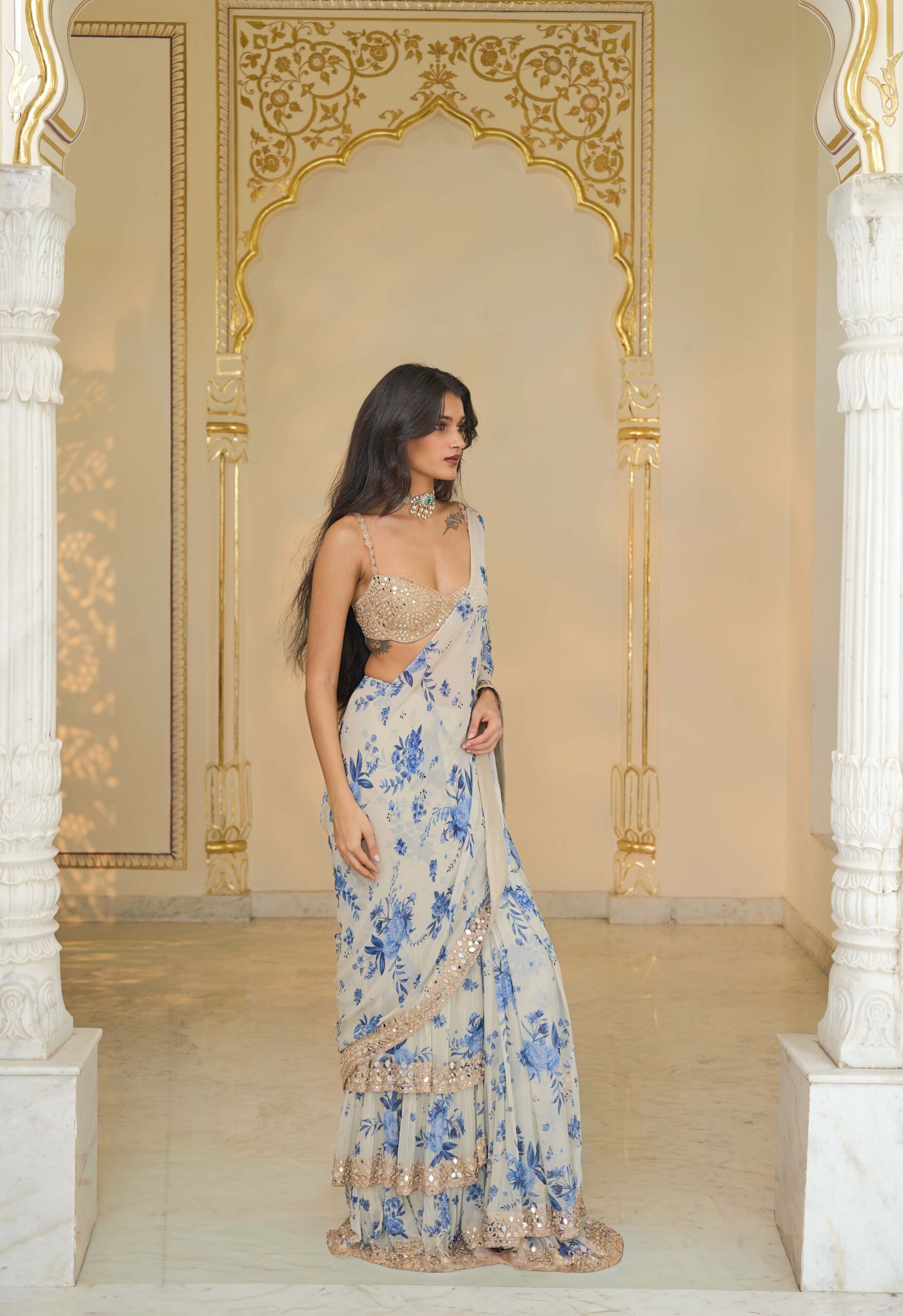 Blue bloom hand embroidered ruffle sari set - Image 3