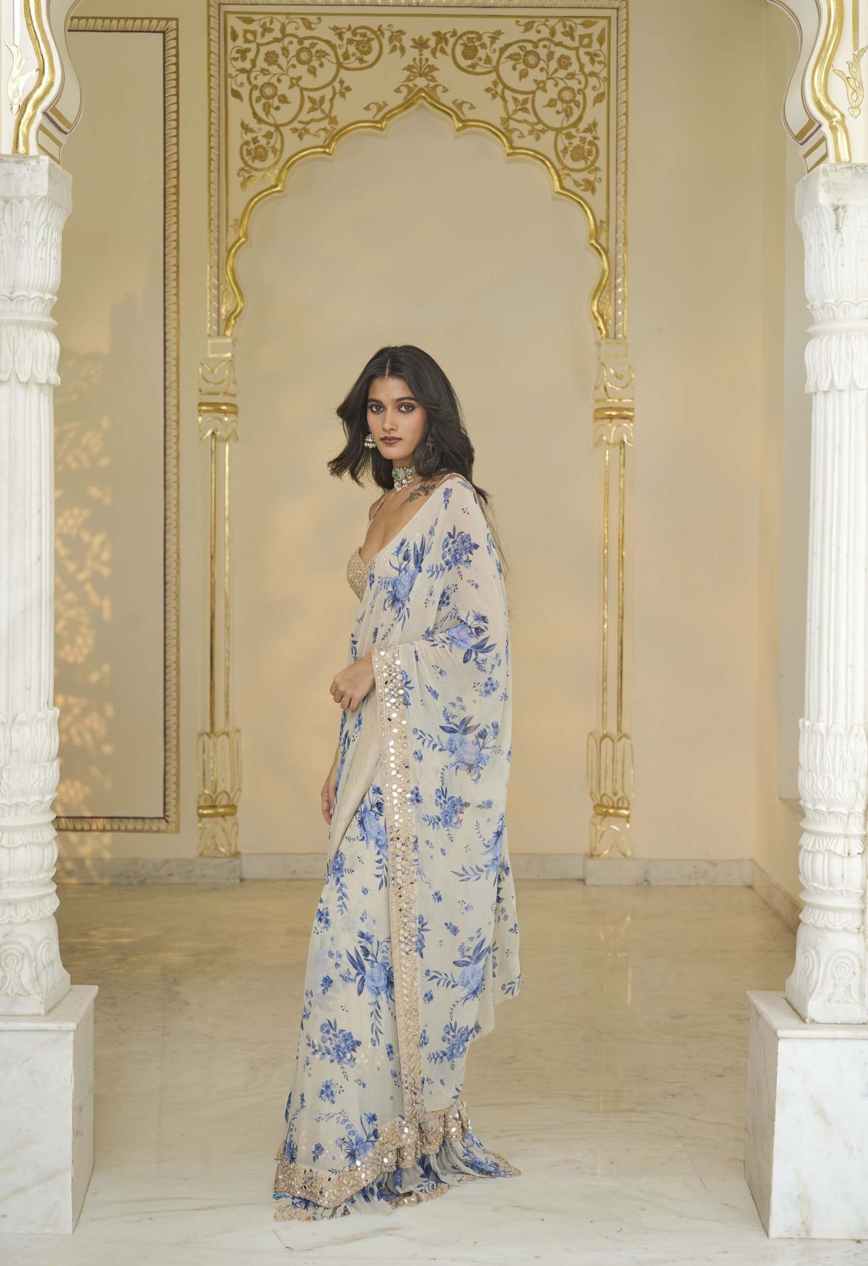 Blue bloom hand embroidered ruffle sari set - Image 2