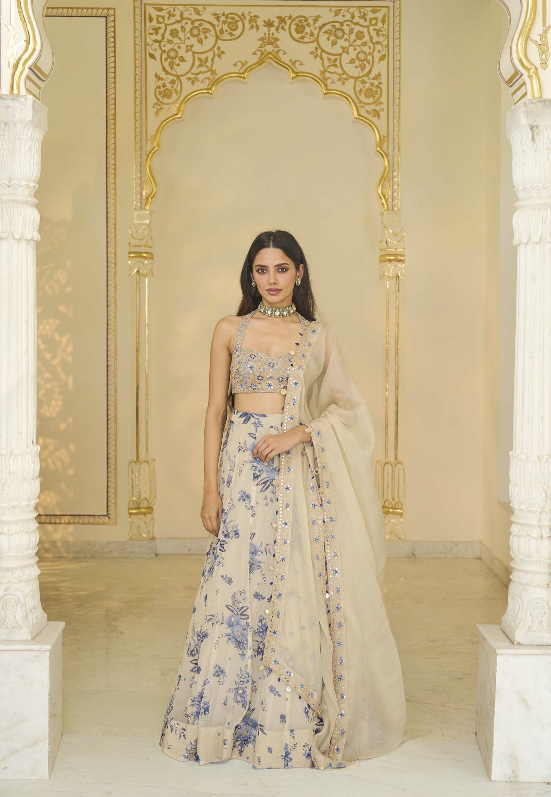 Blue bloom print hand embroidered organza lehenga set