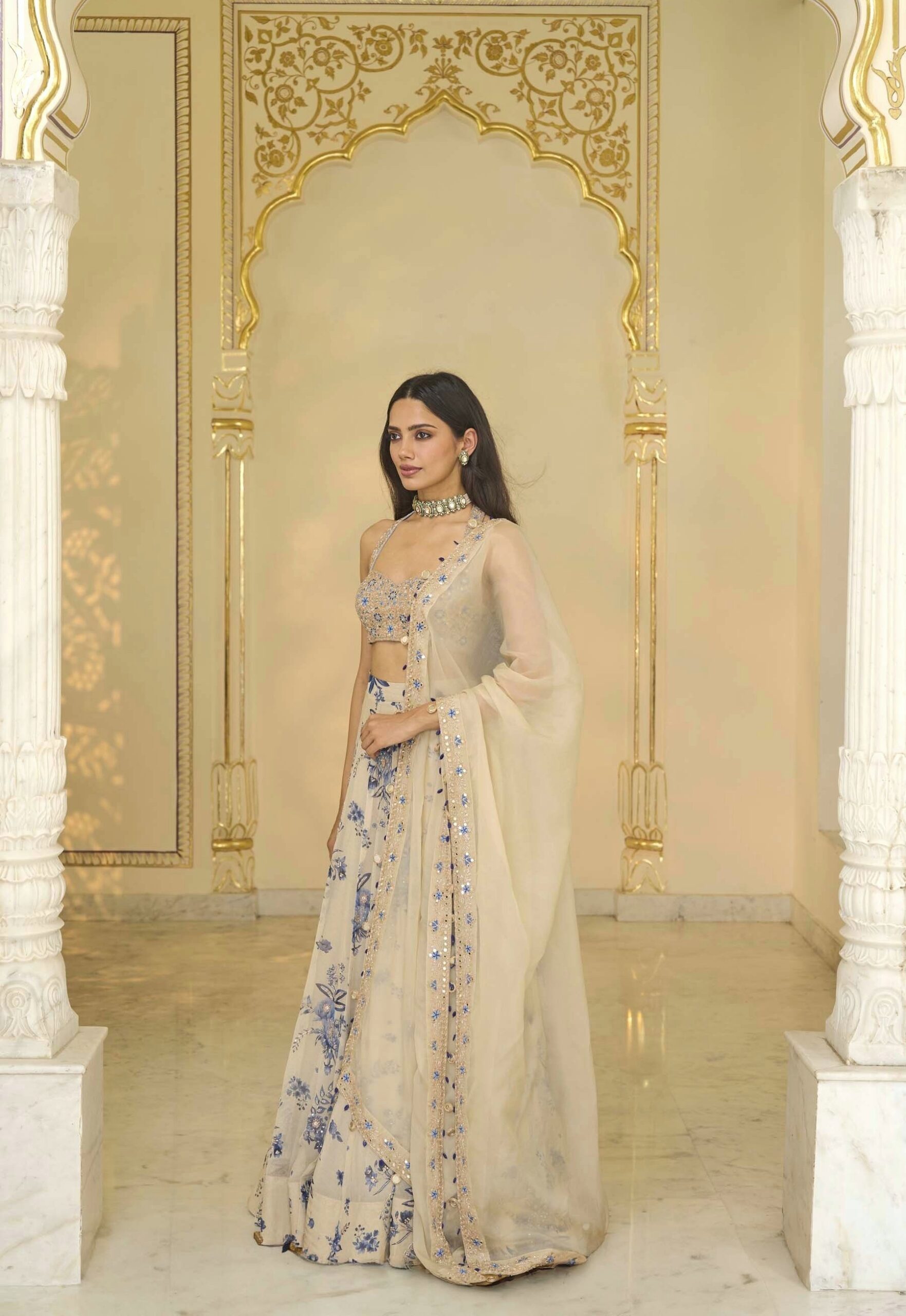 Blue bloom print hand embroidered organza lehenga set - Image 2