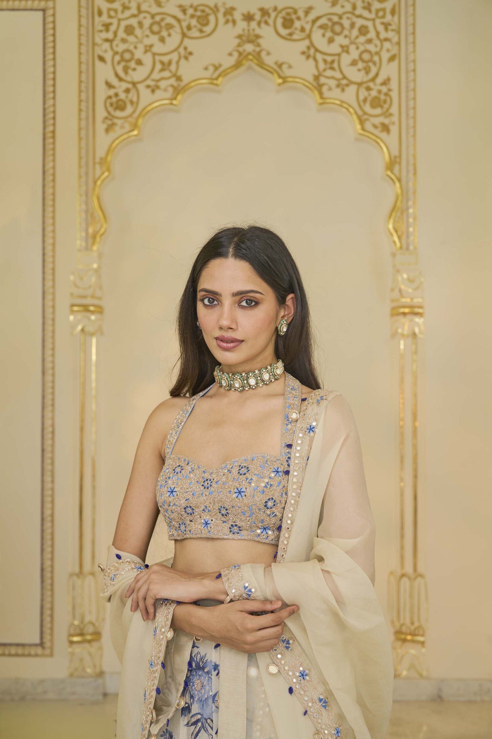 Blue bloom print hand embroidered organza lehenga set - Image 5