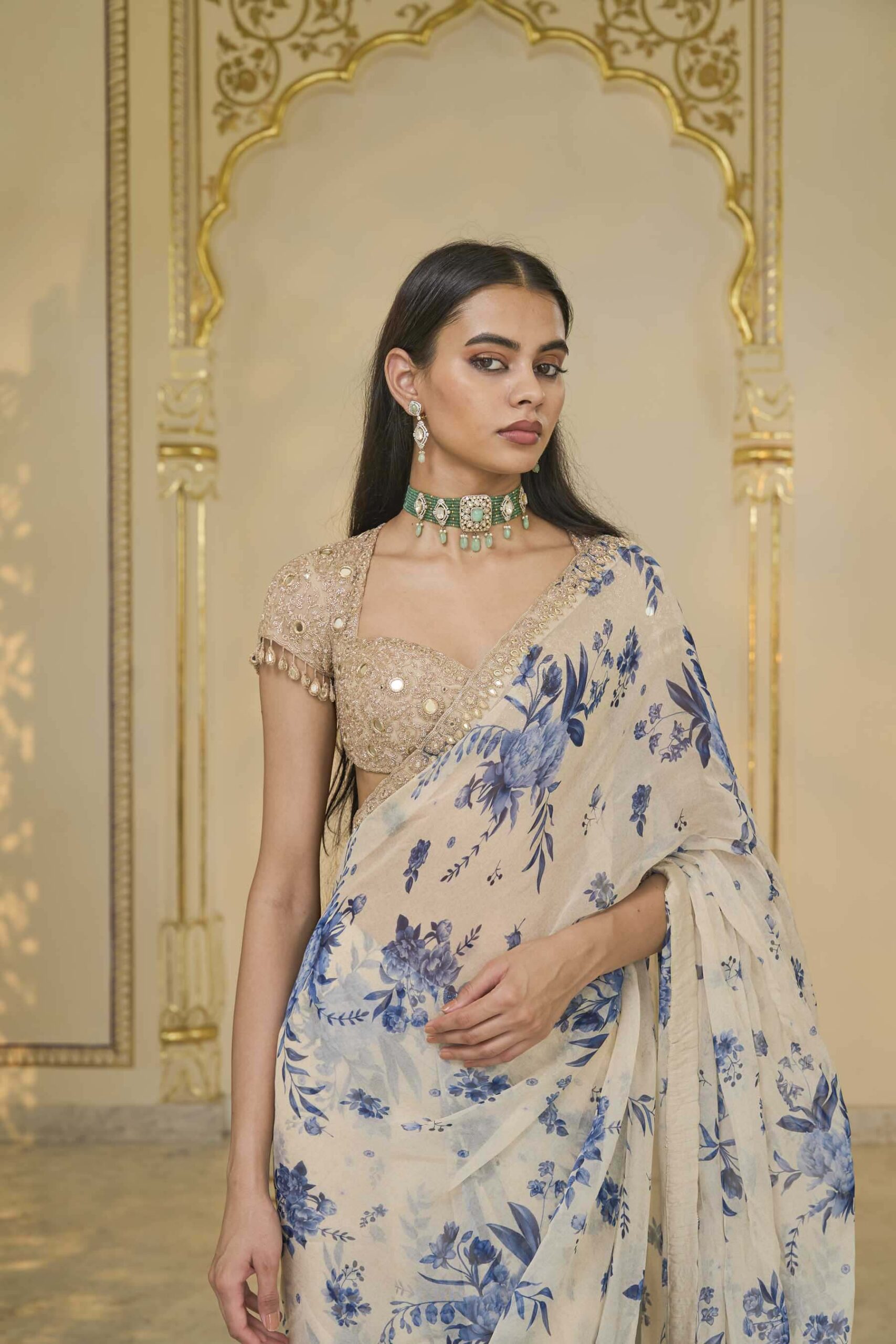 Blue bloom print organza classic sari set - Image 5