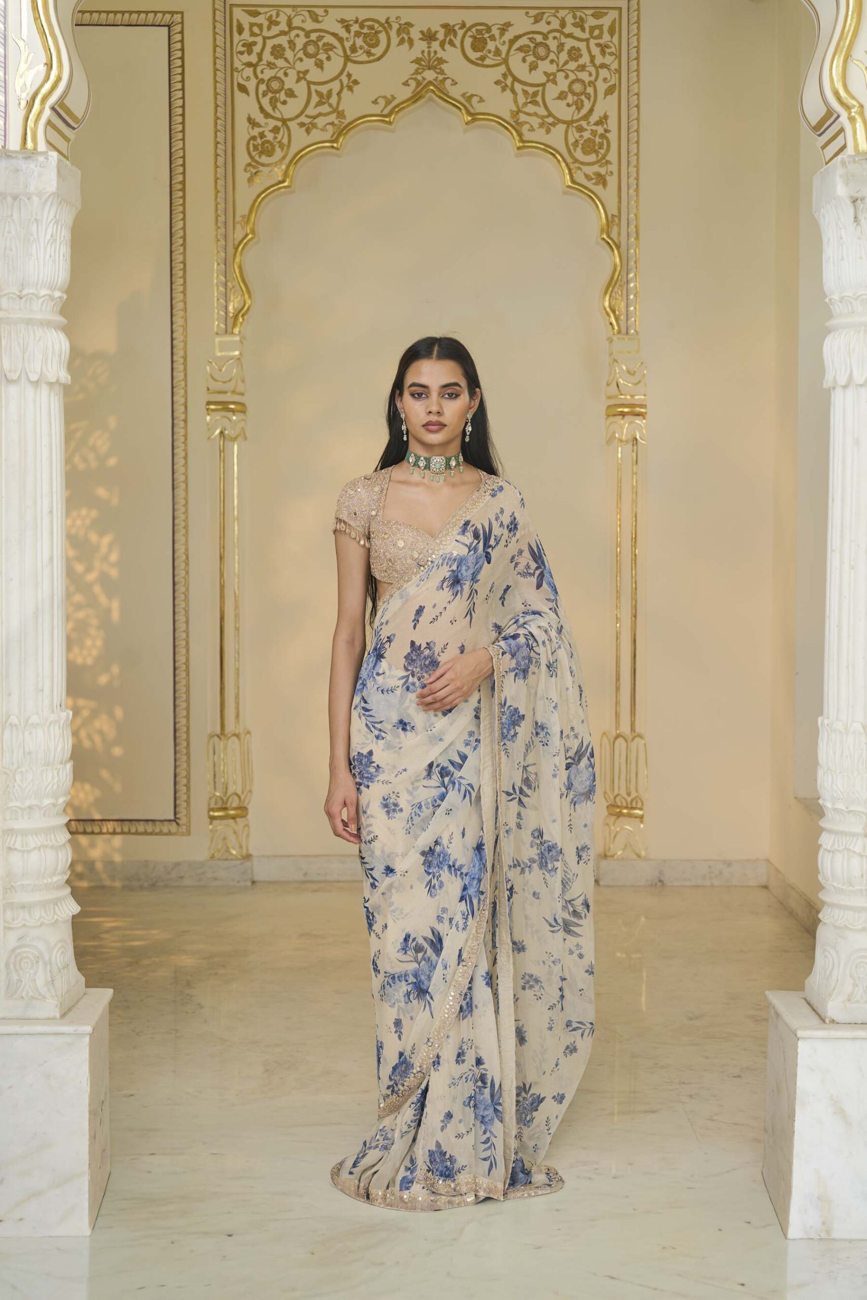 Blue bloom print organza classic sari set
