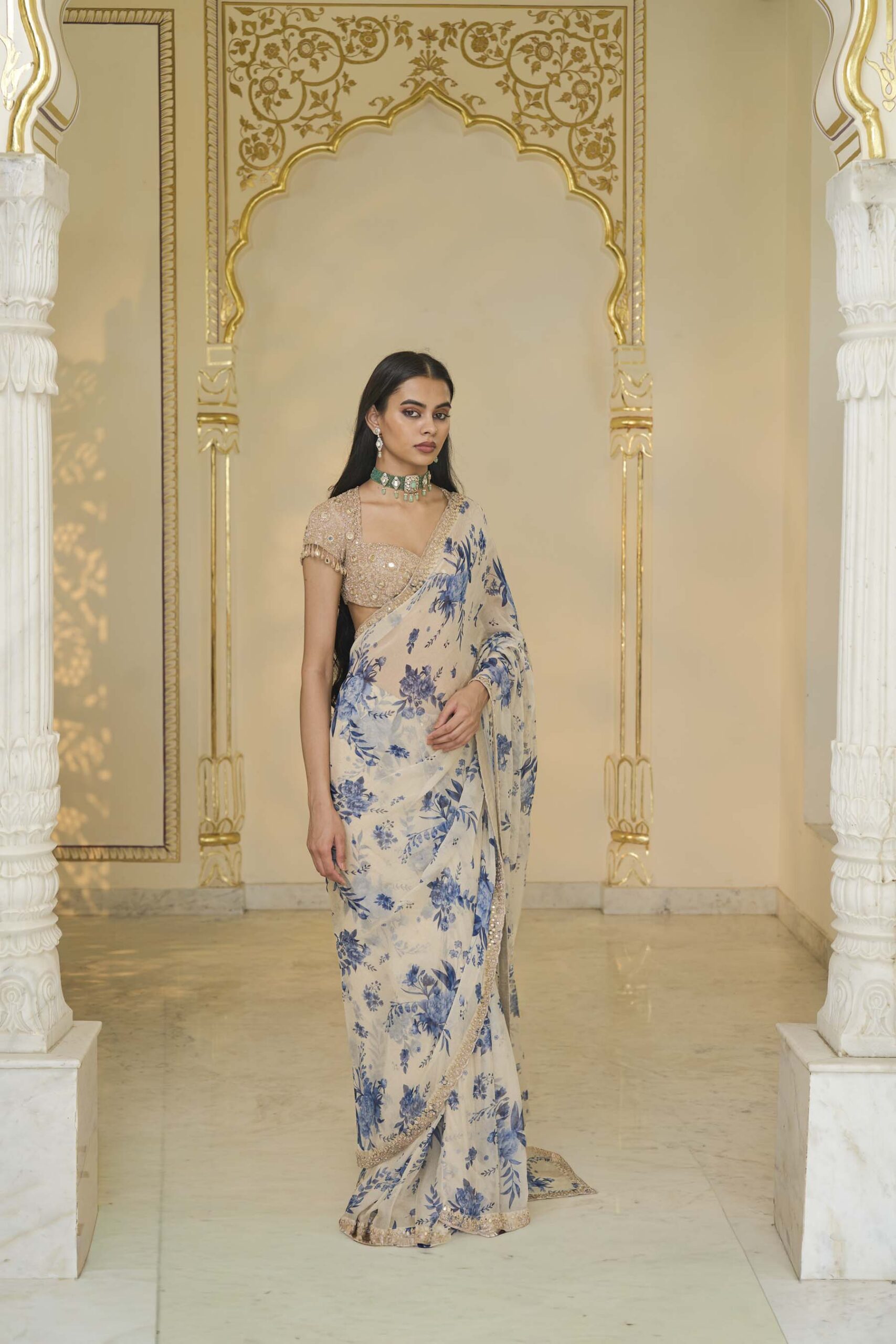 Blue bloom print organza classic sari set - Image 3