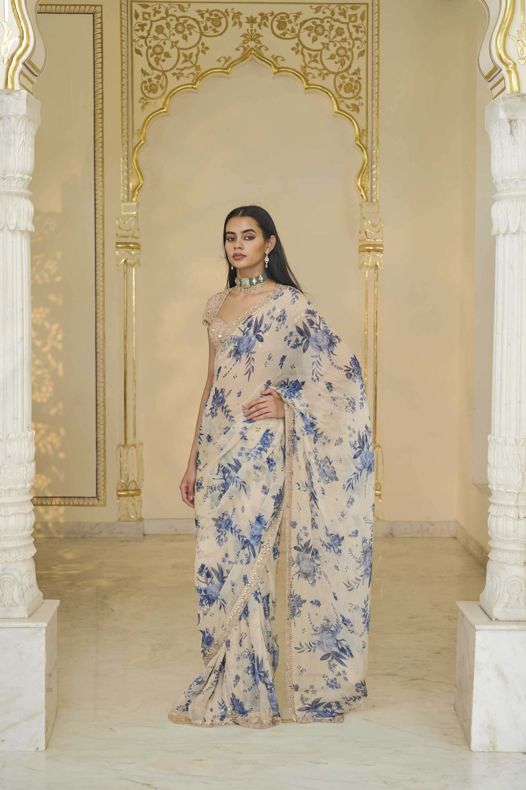 Blue bloom print organza classic sari set - Image 2