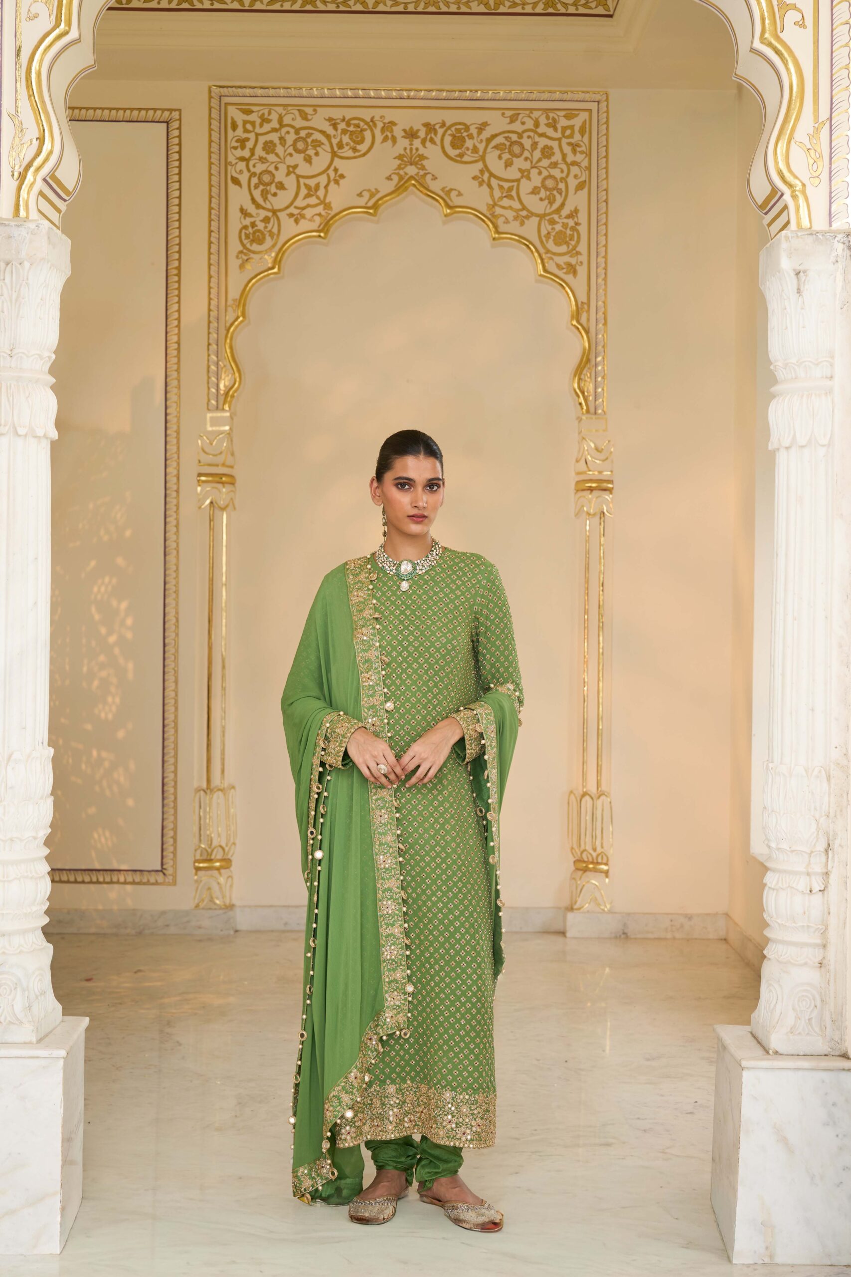 Warm olive hand embroidered long star kurta set