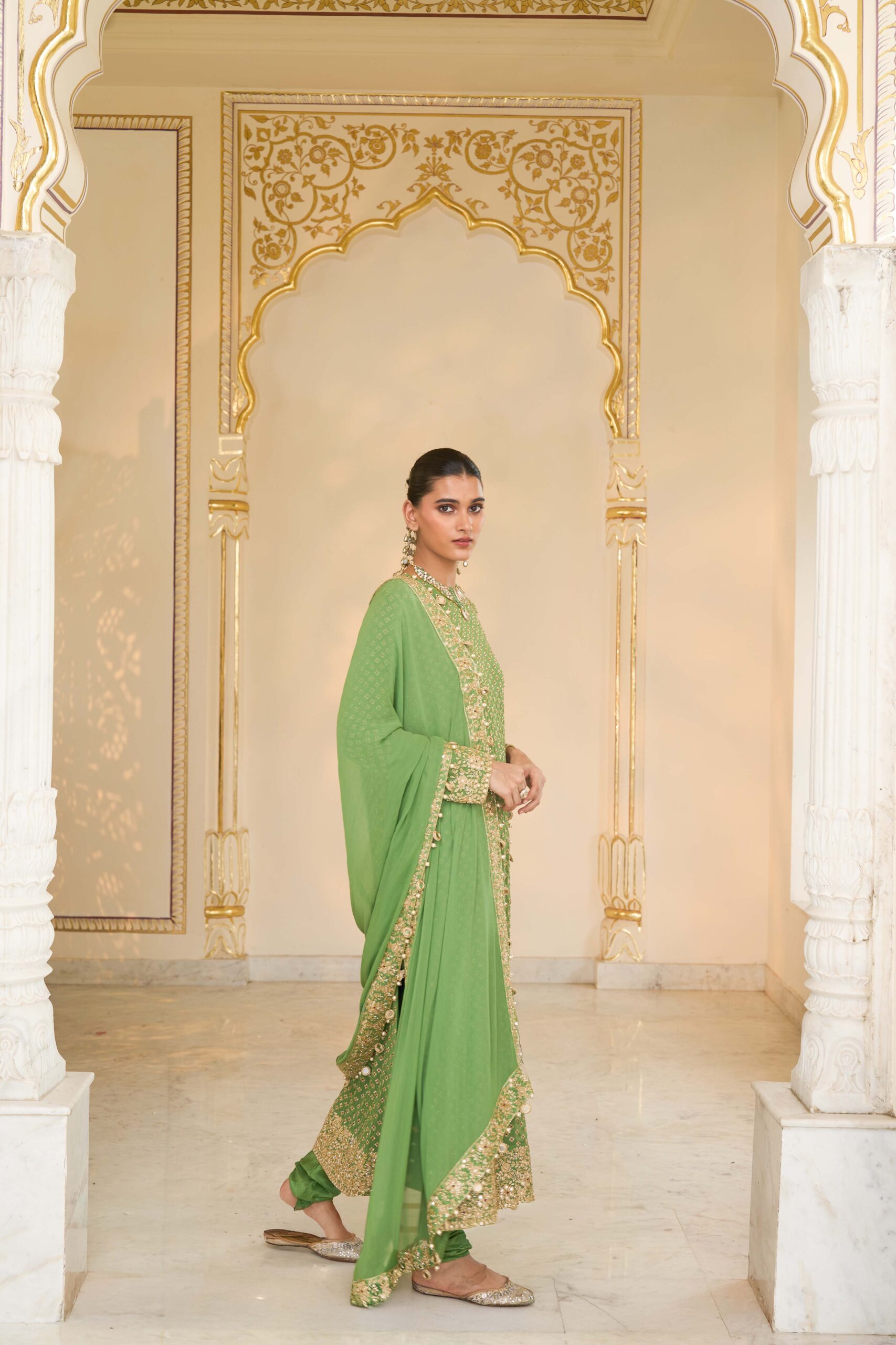 Warm olive hand embroidered long star kurta set - Image 3