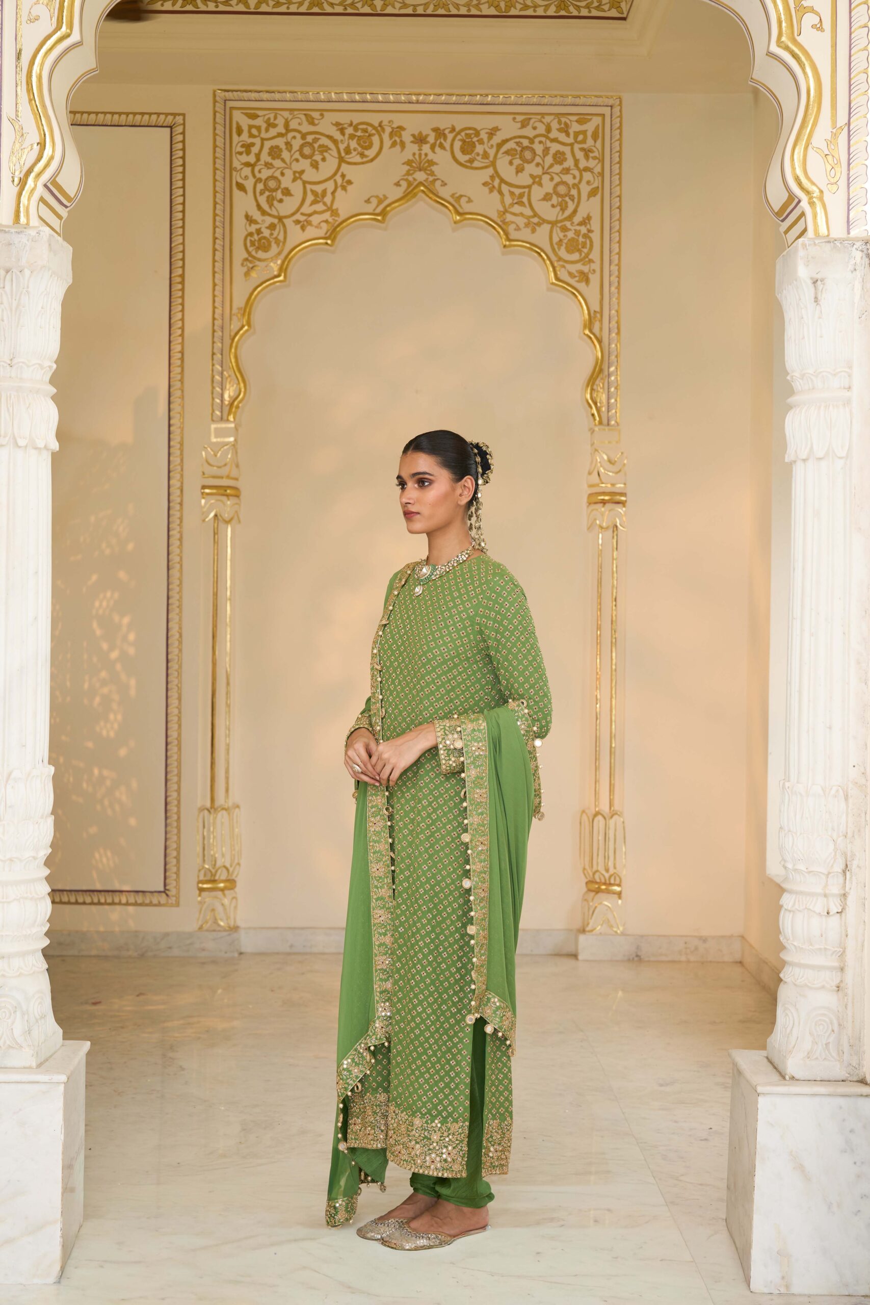 Warm olive hand embroidered long star kurta set - Image 2