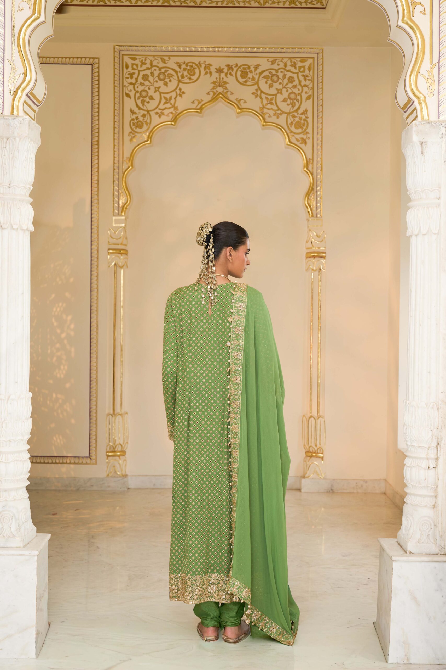 Warm olive hand embroidered long star kurta set - Image 4