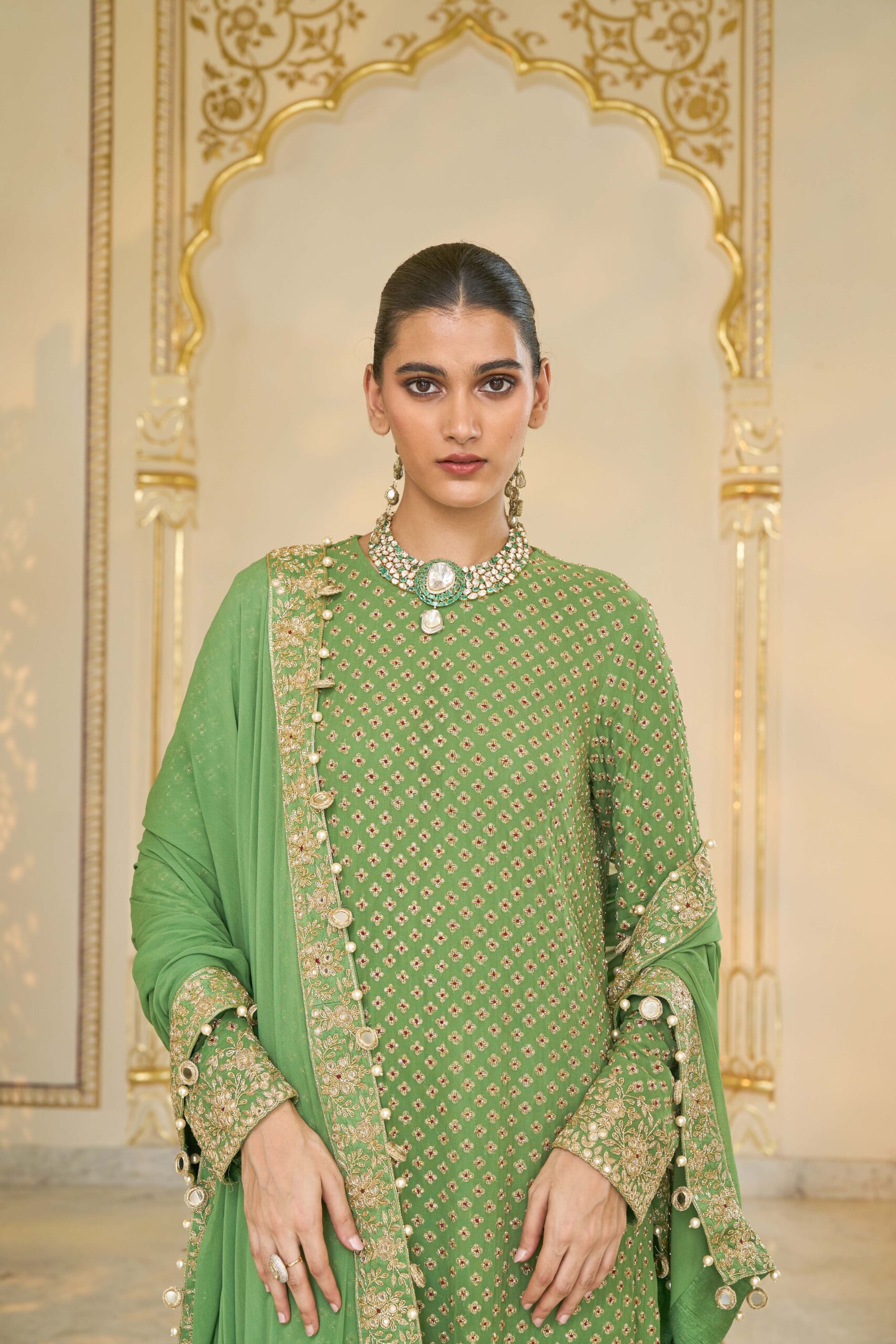 Warm olive hand embroidered long star kurta set - Image 5