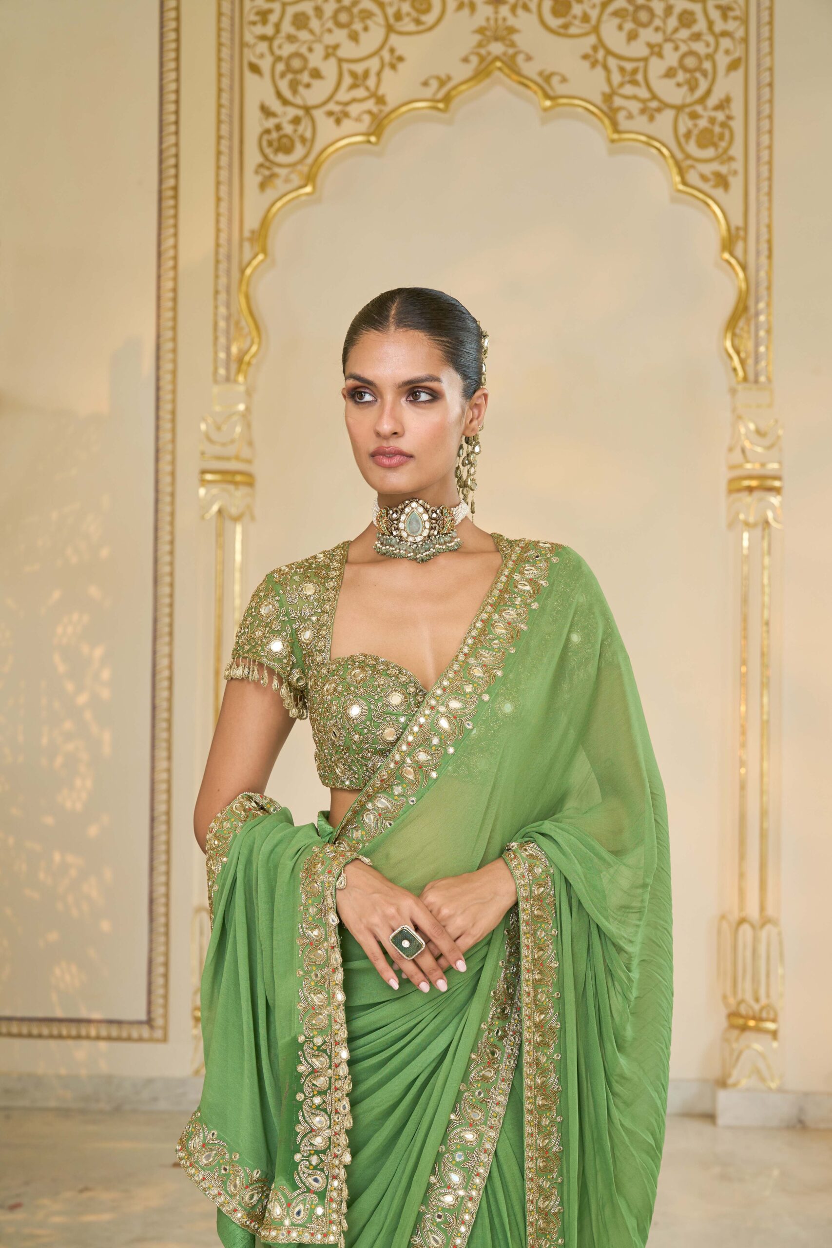 Warm olive hand embroidered classic sari set - Image 5