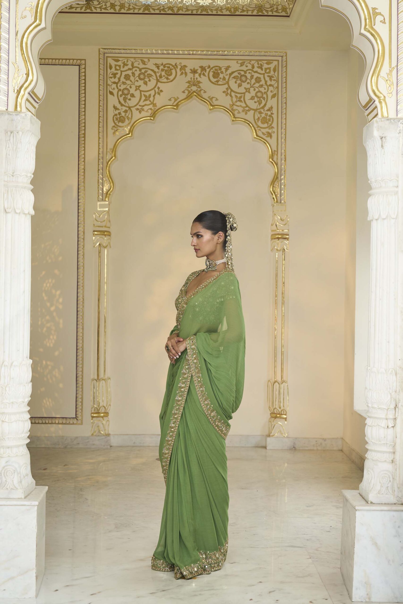 Warm olive hand embroidered classic sari set - Image 2