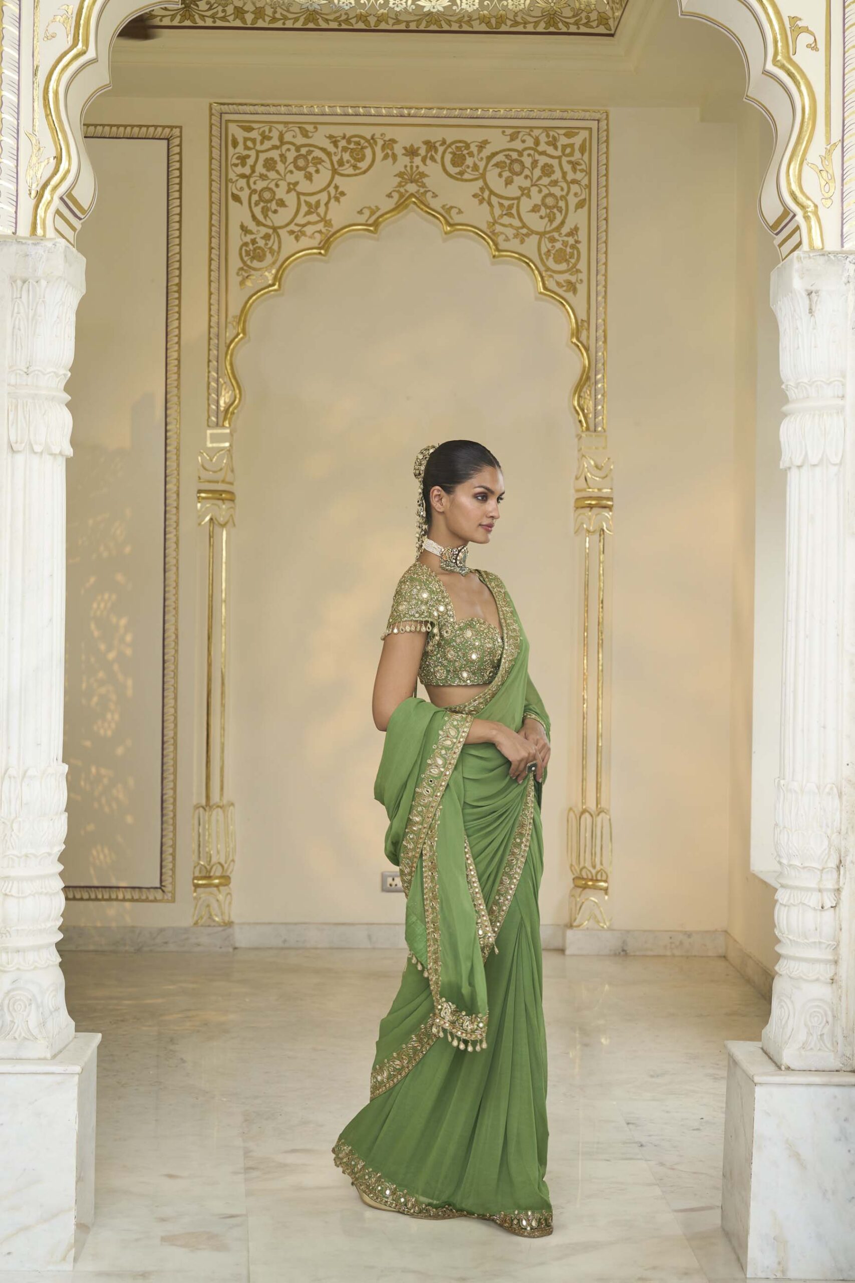 Warm olive hand embroidered classic sari set - Image 3
