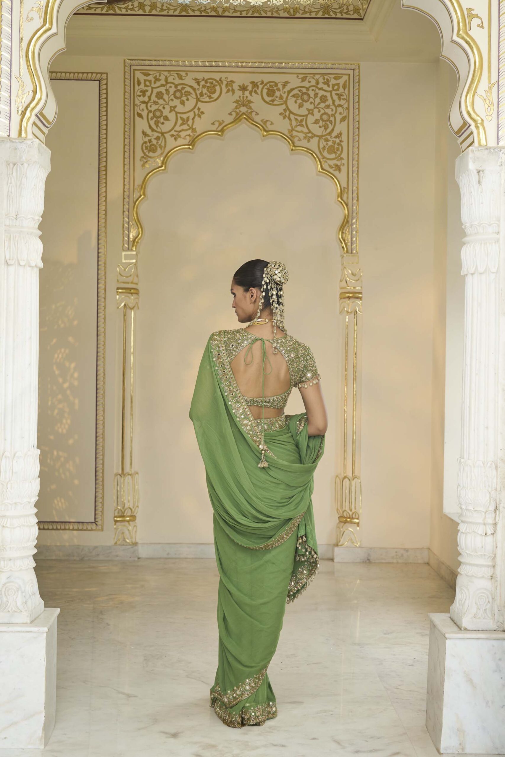 Warm olive hand embroidered classic sari set - Image 4