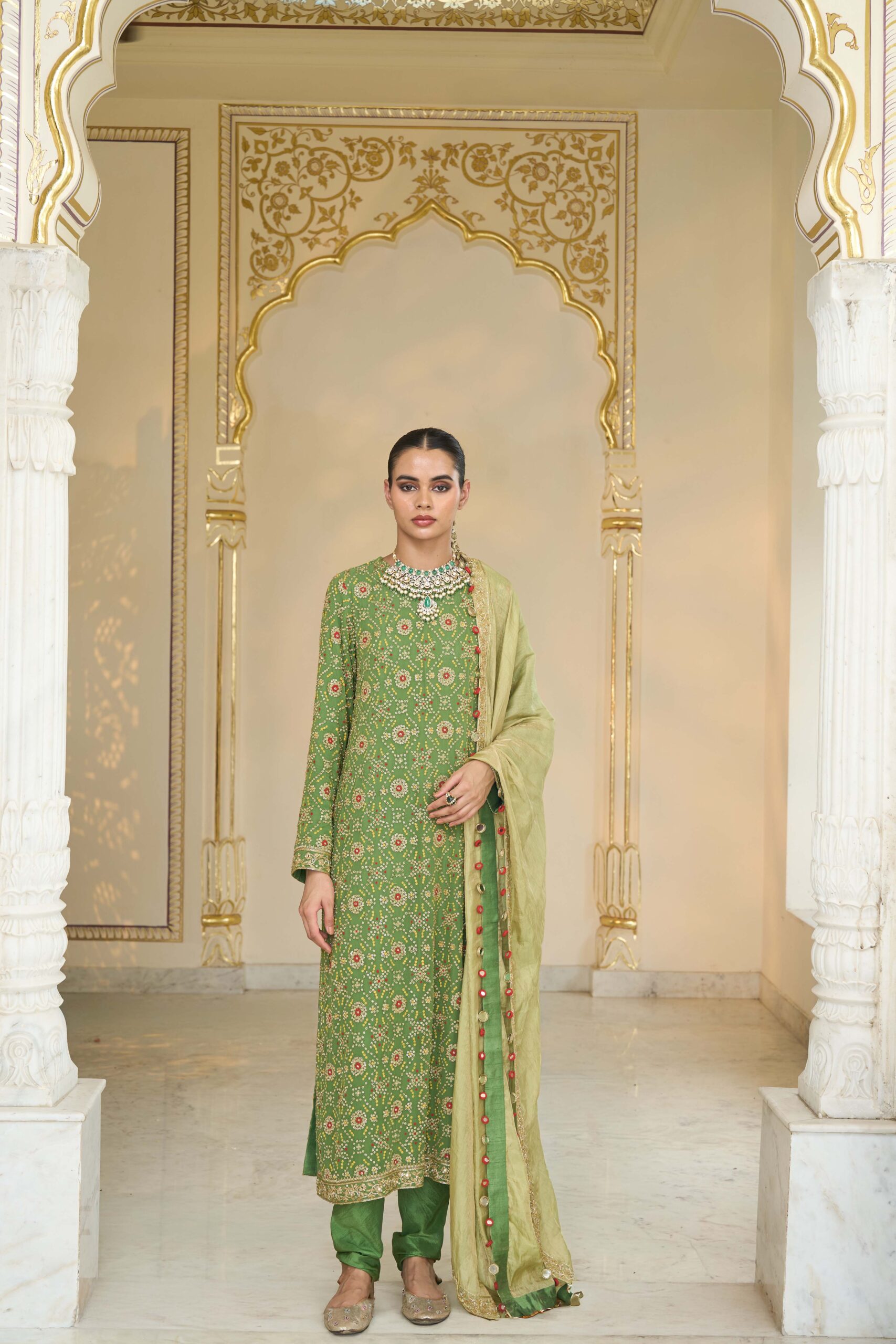 Warm olive hand embroidered long bandhani kurta set