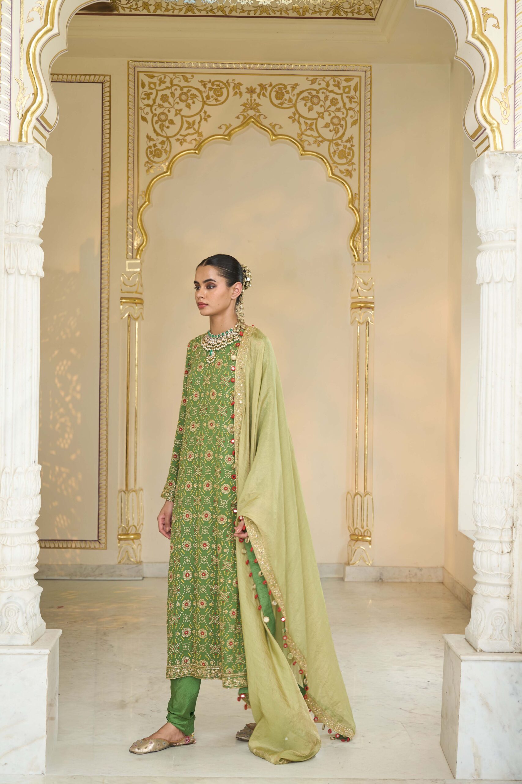 Warm olive hand embroidered long bandhani kurta set - Image 2
