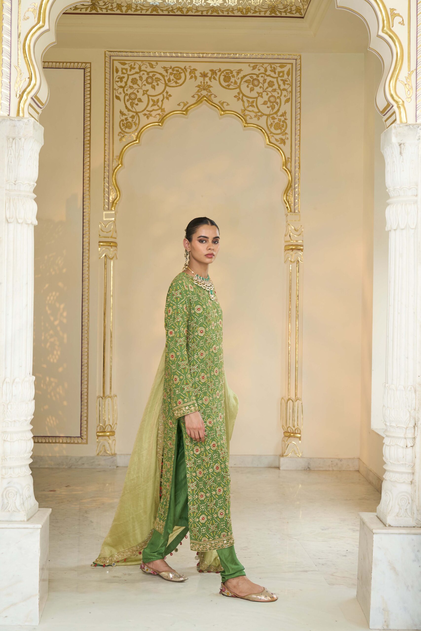Warm olive hand embroidered long bandhani kurta set - Image 3