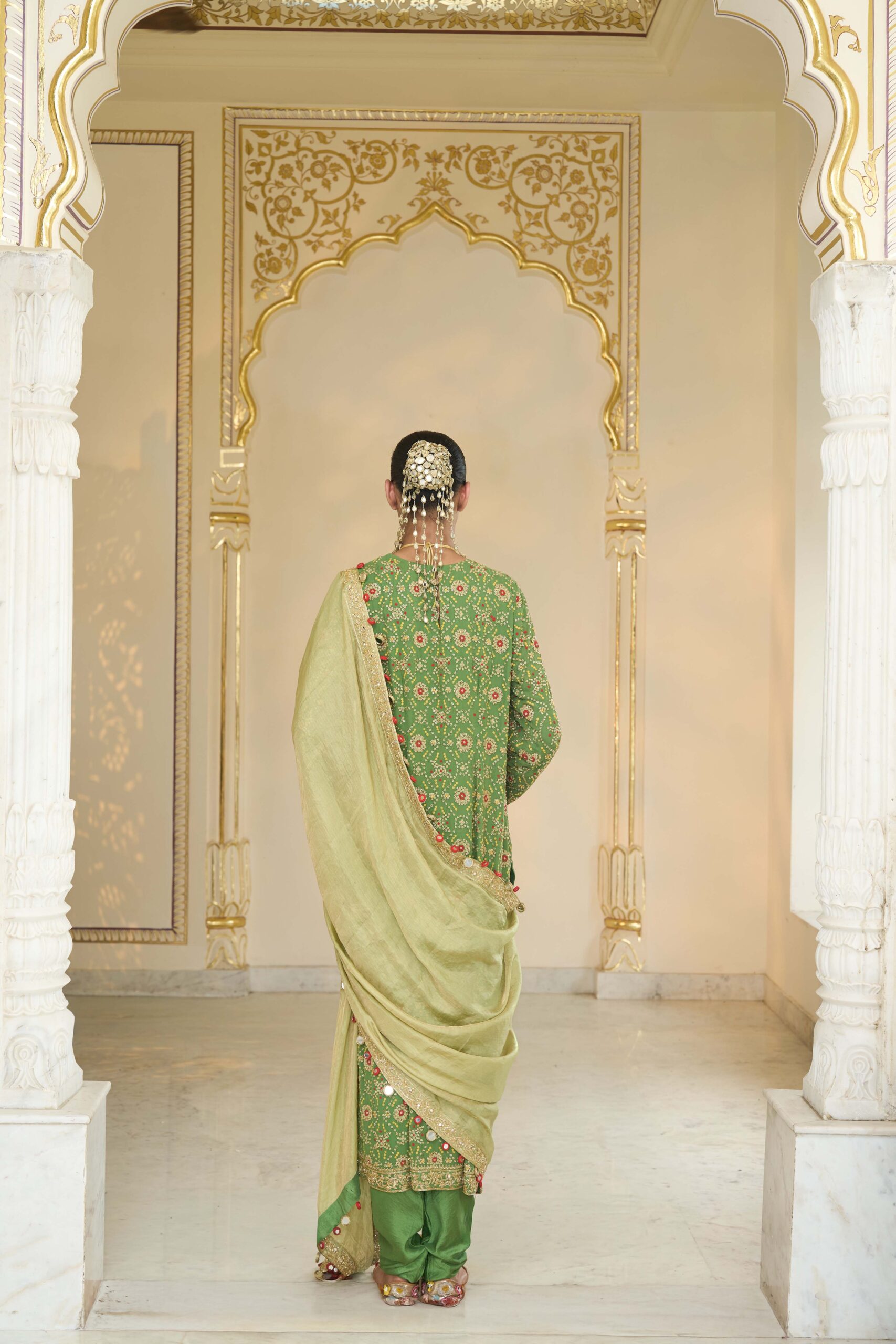 Warm olive hand embroidered long bandhani kurta set - Image 4