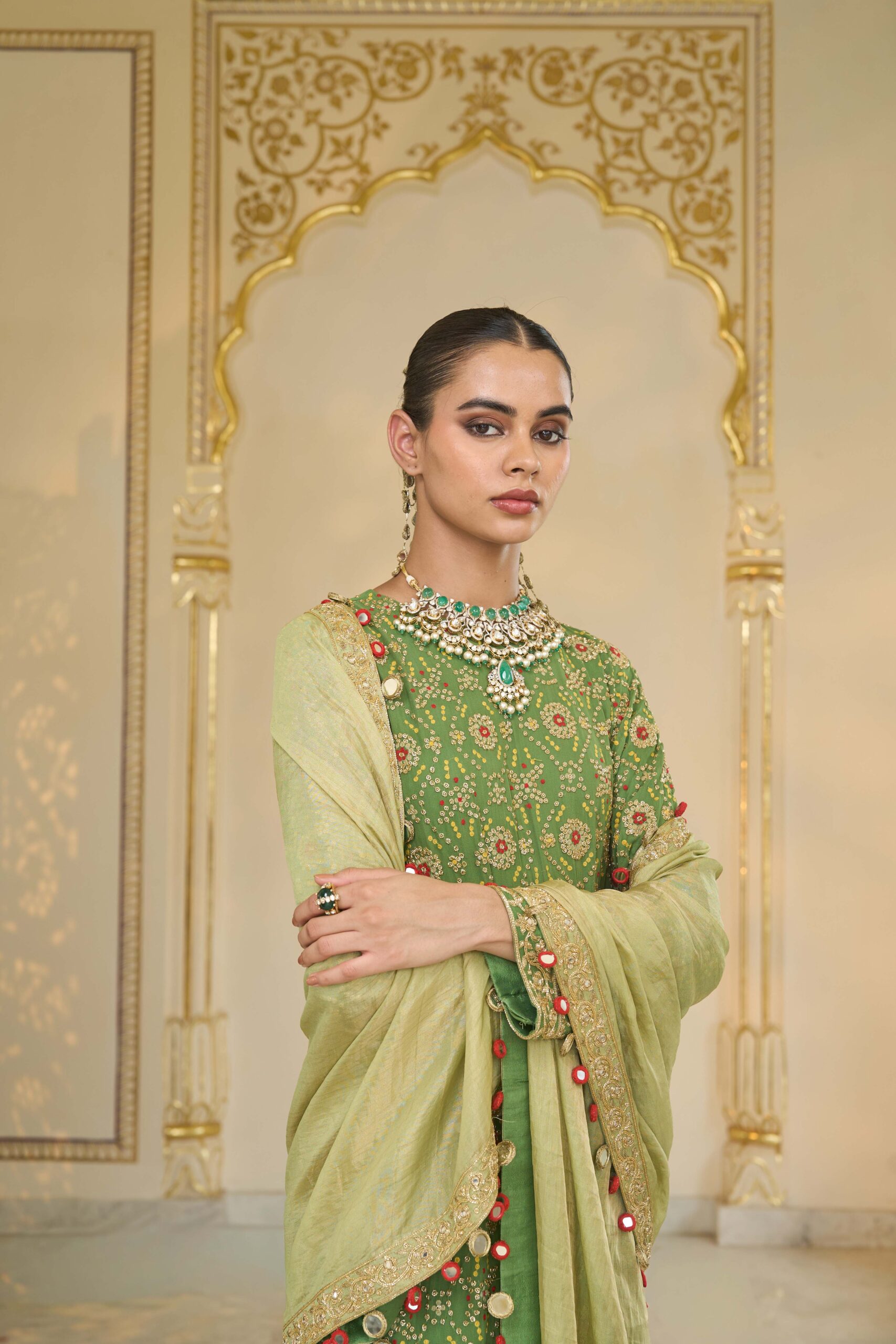 Warm olive hand embroidered long bandhani kurta set - Image 5