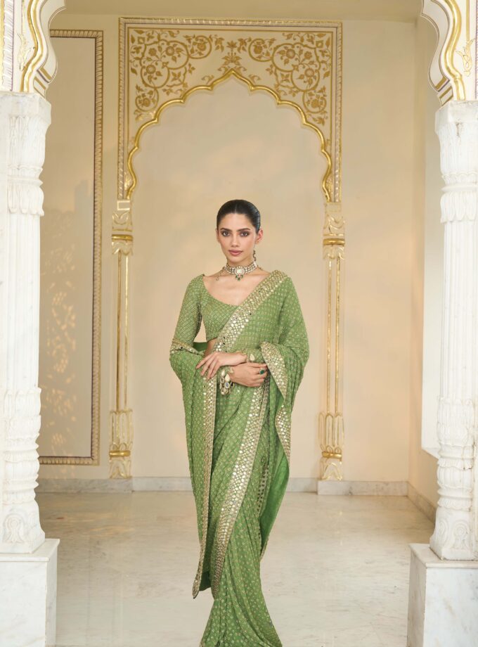 Warm olive hand embroidered star sari set