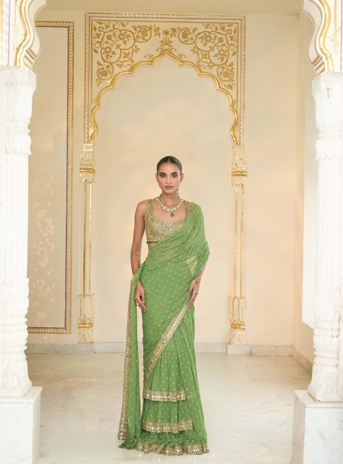 Warm olive hand embroidered tiered sari set