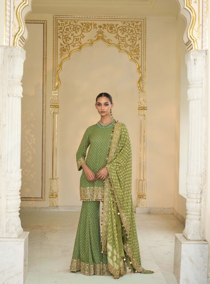 Warm olive hand embroidered short star kurta & sharara set
