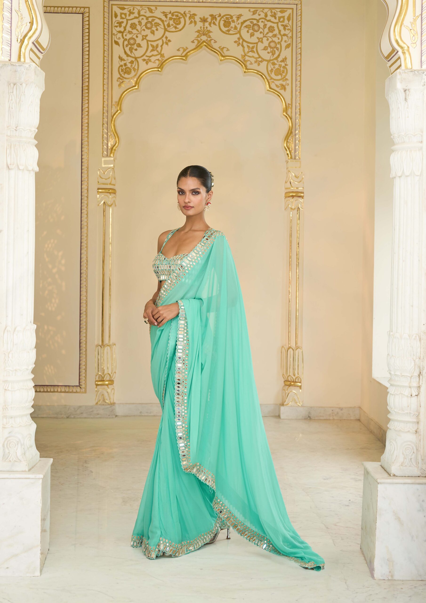 Turquoise hand embroidered classic sari set - Image 2