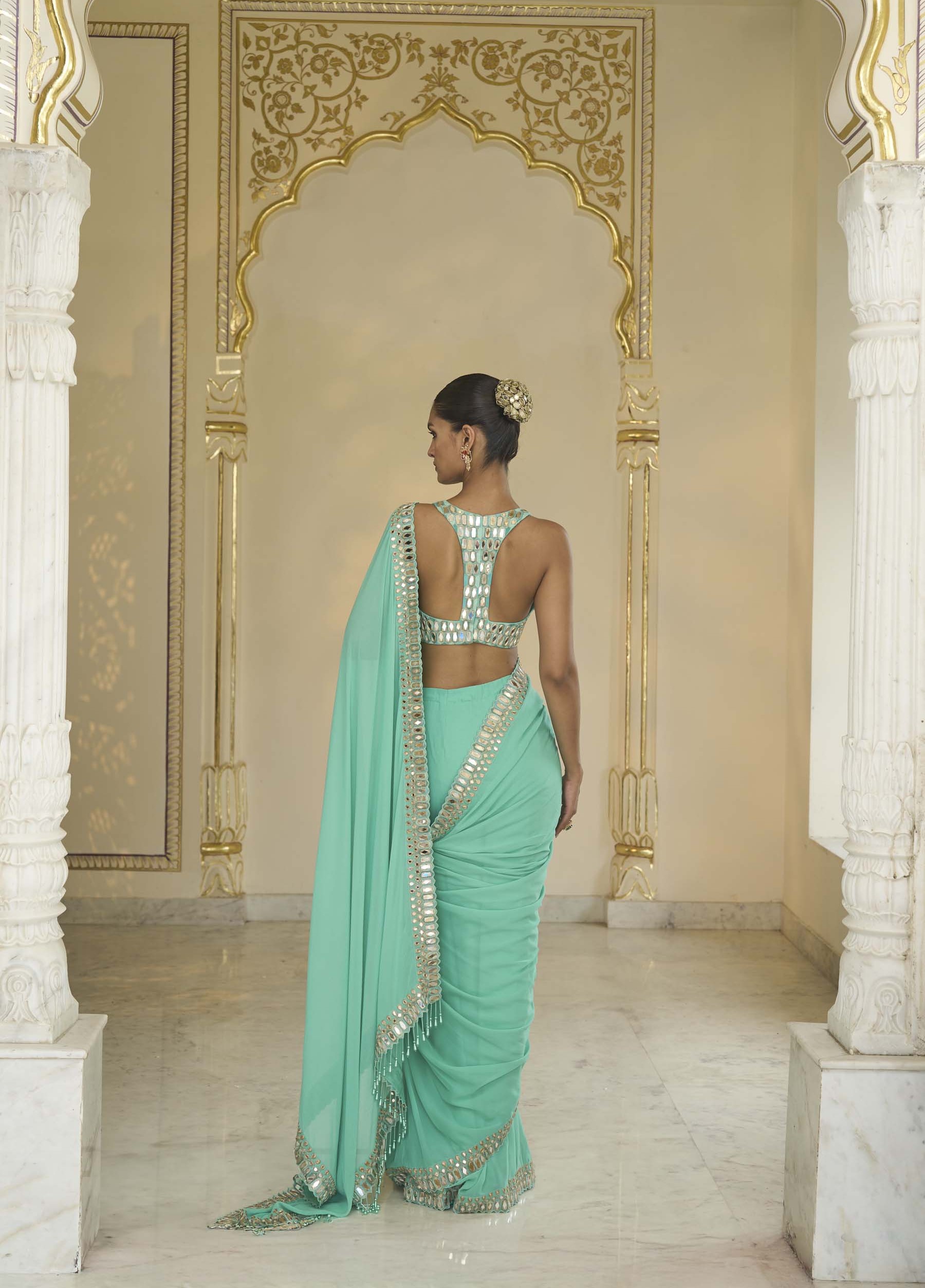 Turquoise hand embroidered classic sari set - Image 4