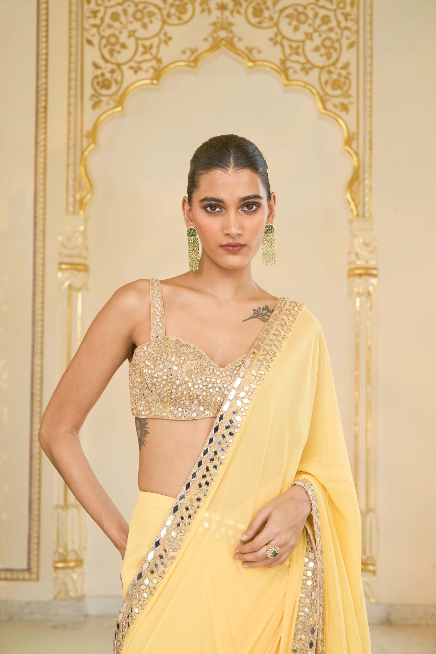 Butter yellow hand embroidered classic sari set - Image 5