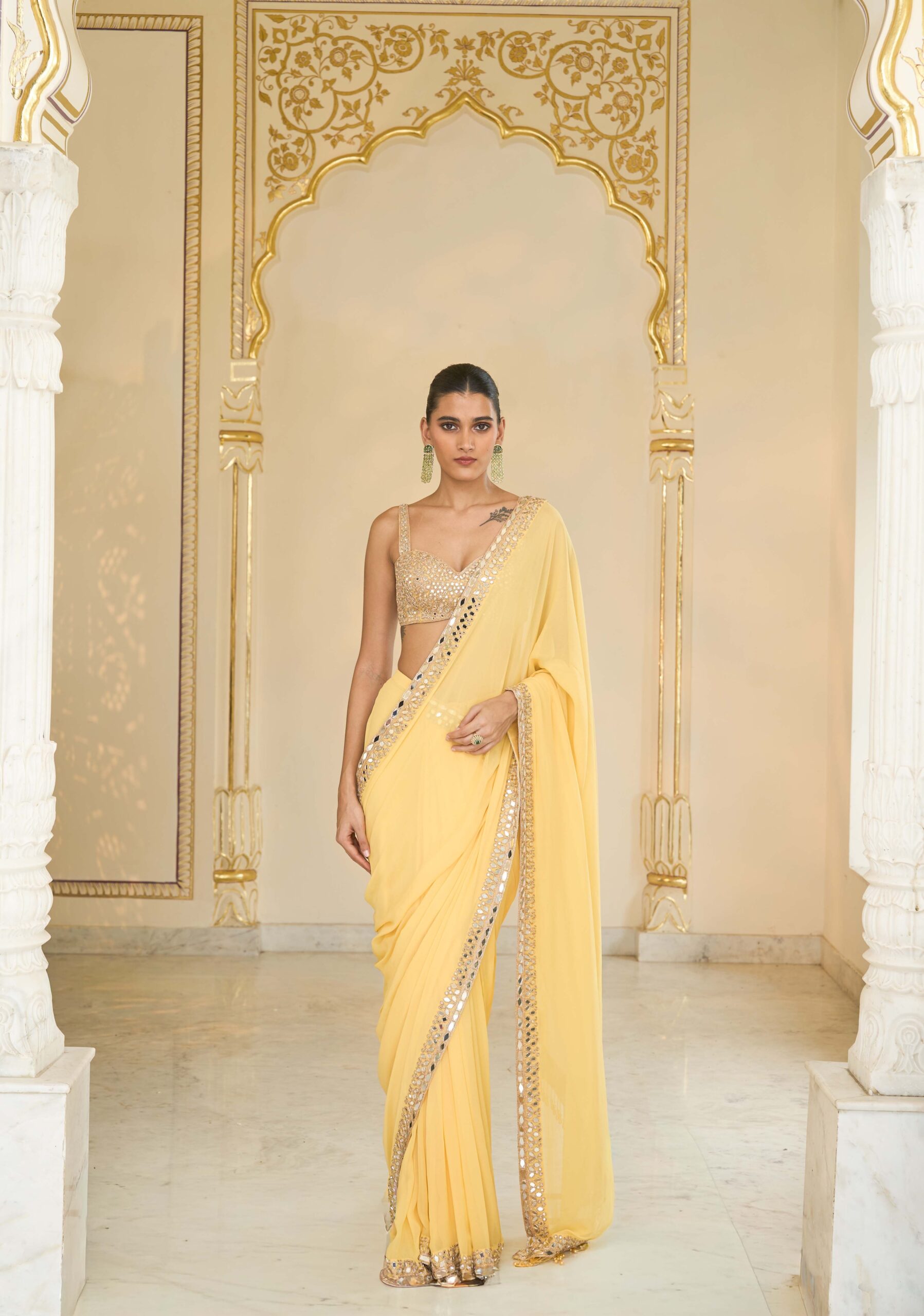 Butter yellow hand embroidered classic sari set