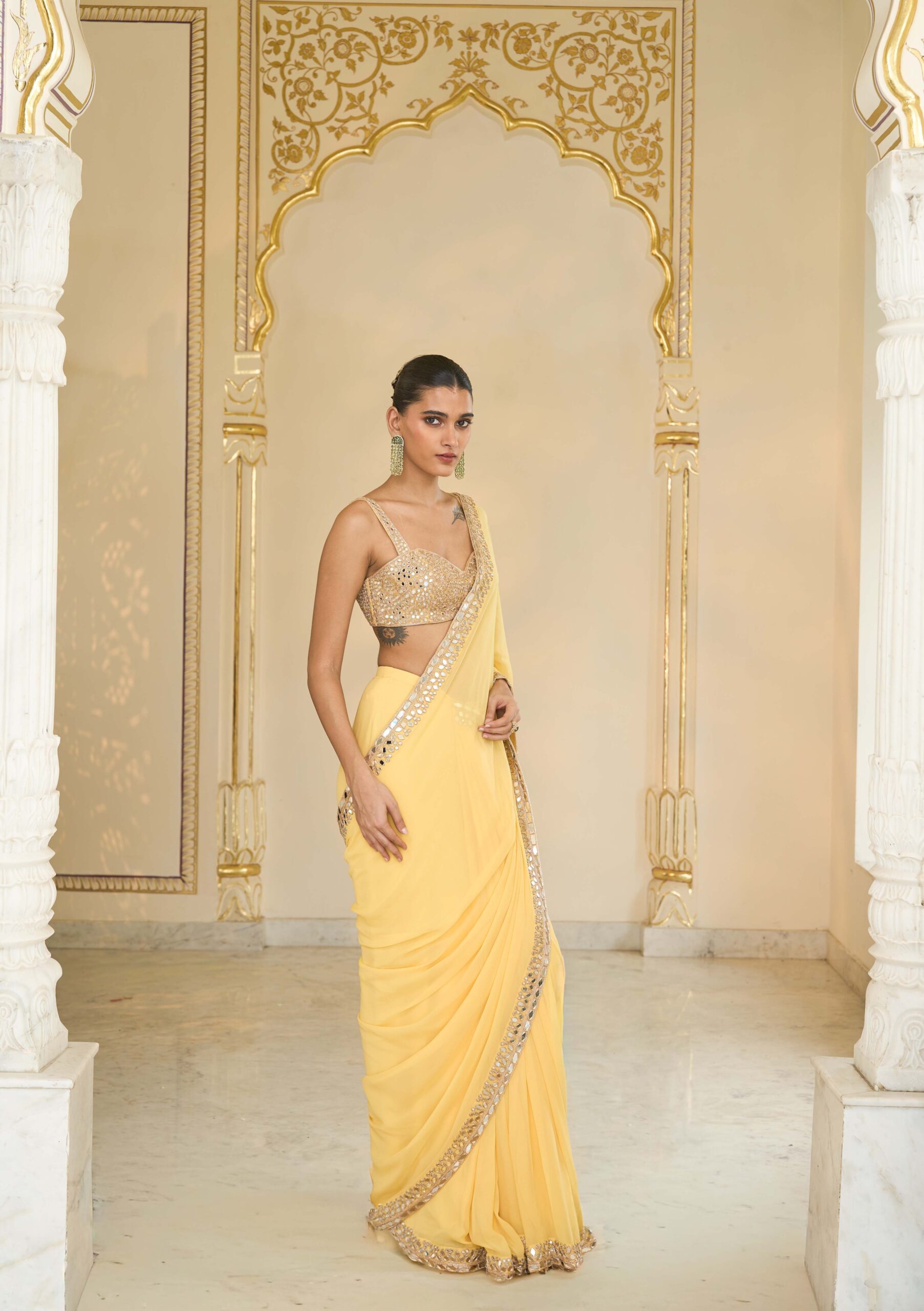 Butter yellow hand embroidered classic sari set - Image 3