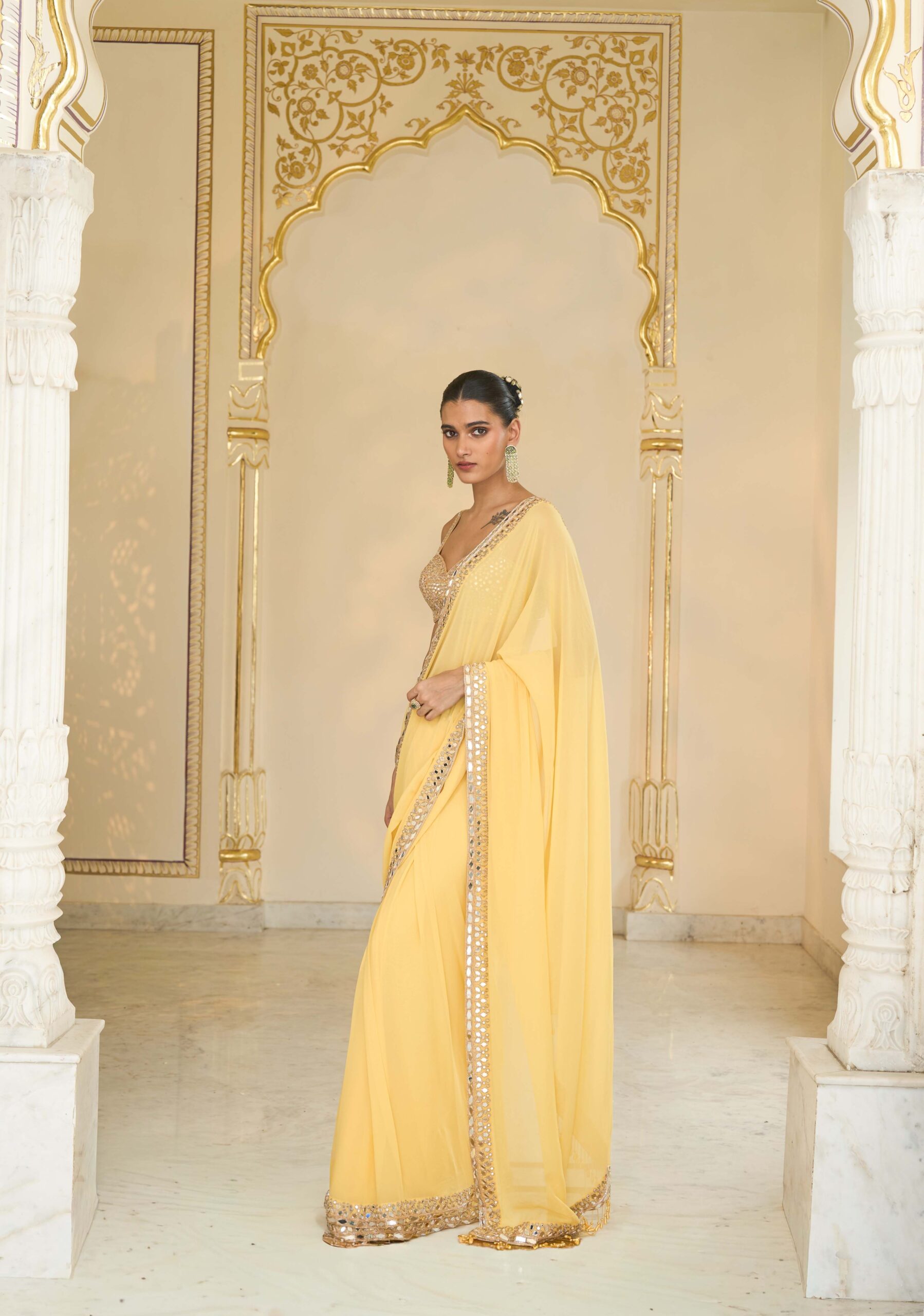 Butter yellow hand embroidered classic sari set - Image 2