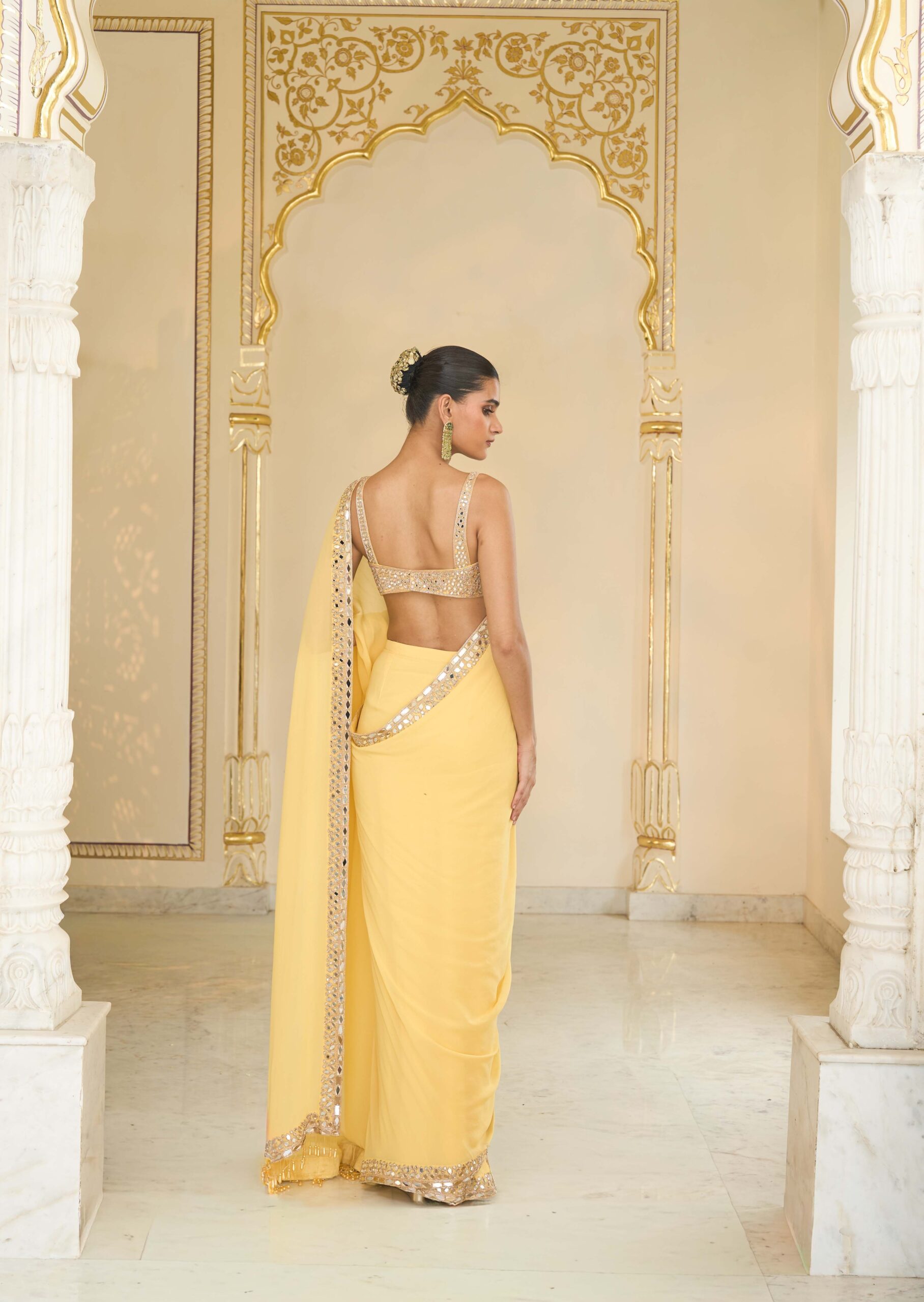 Butter yellow hand embroidered classic sari set - Image 4