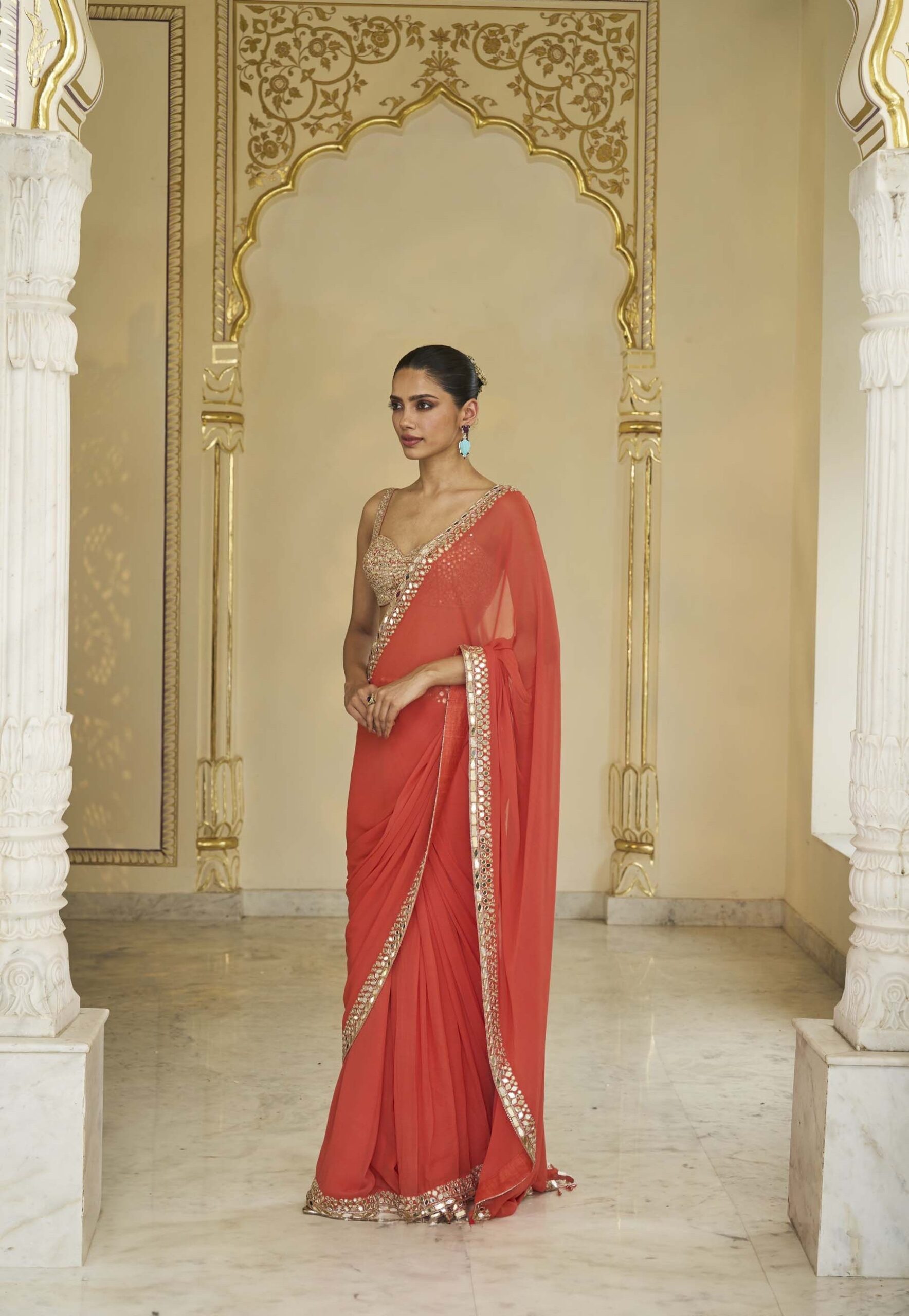 Warm coral hand embroidered classic sari set - Image 2
