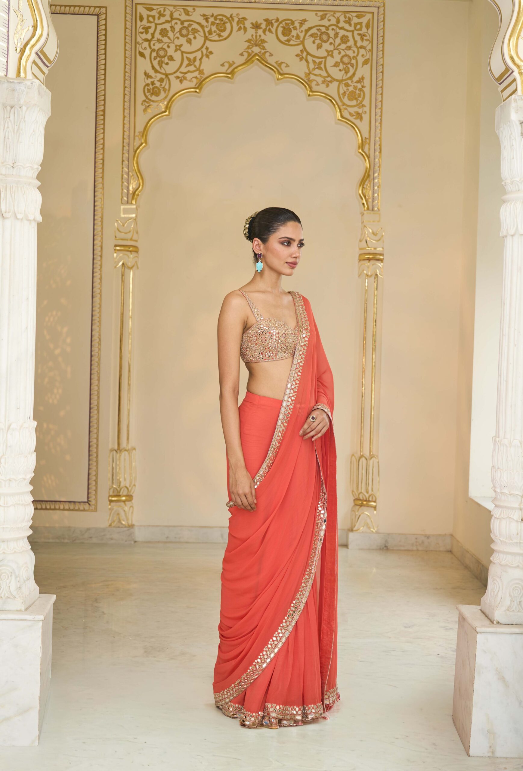 Warm coral hand embroidered classic sari set - Image 3