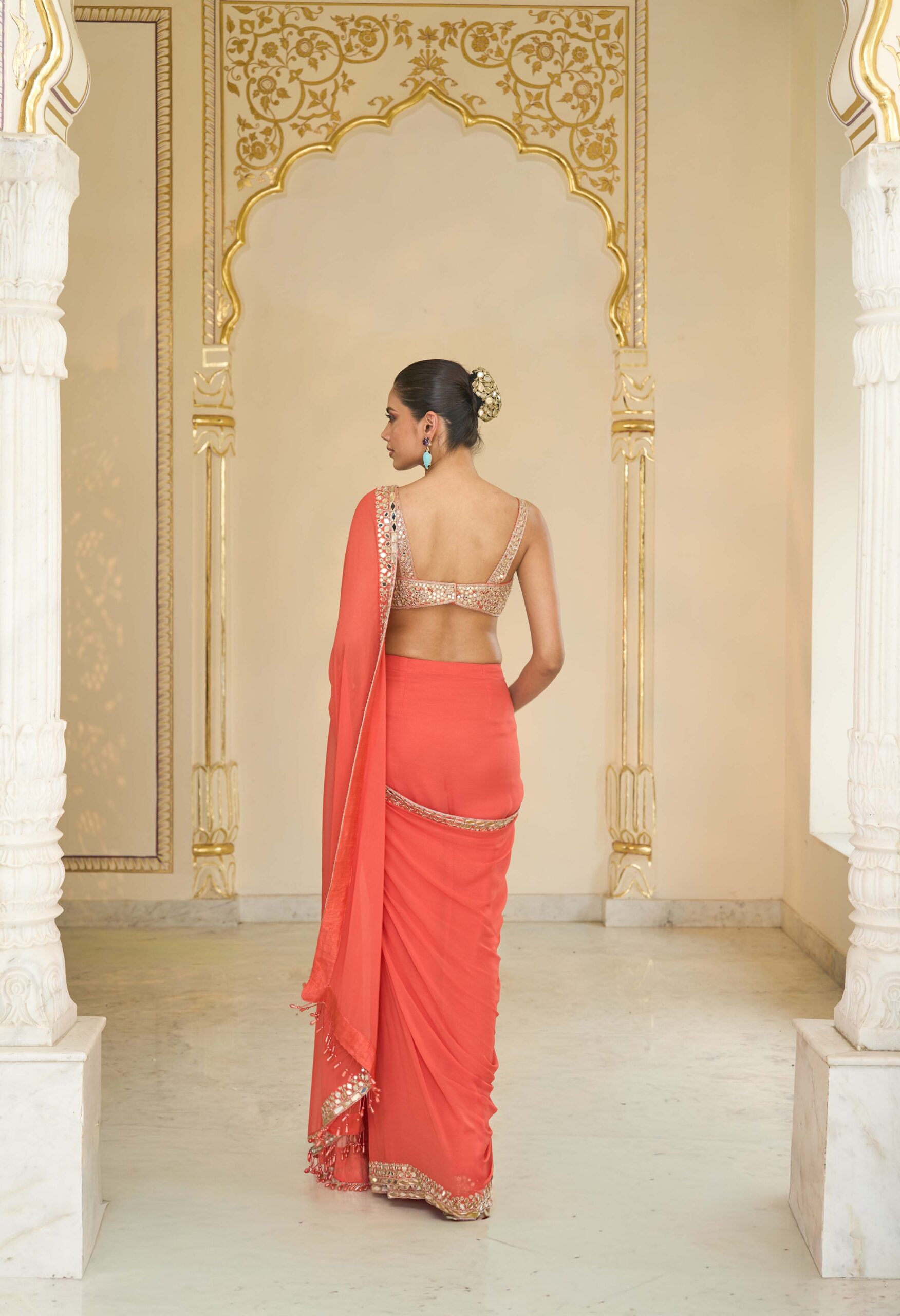 Warm coral hand embroidered classic sari set - Image 4