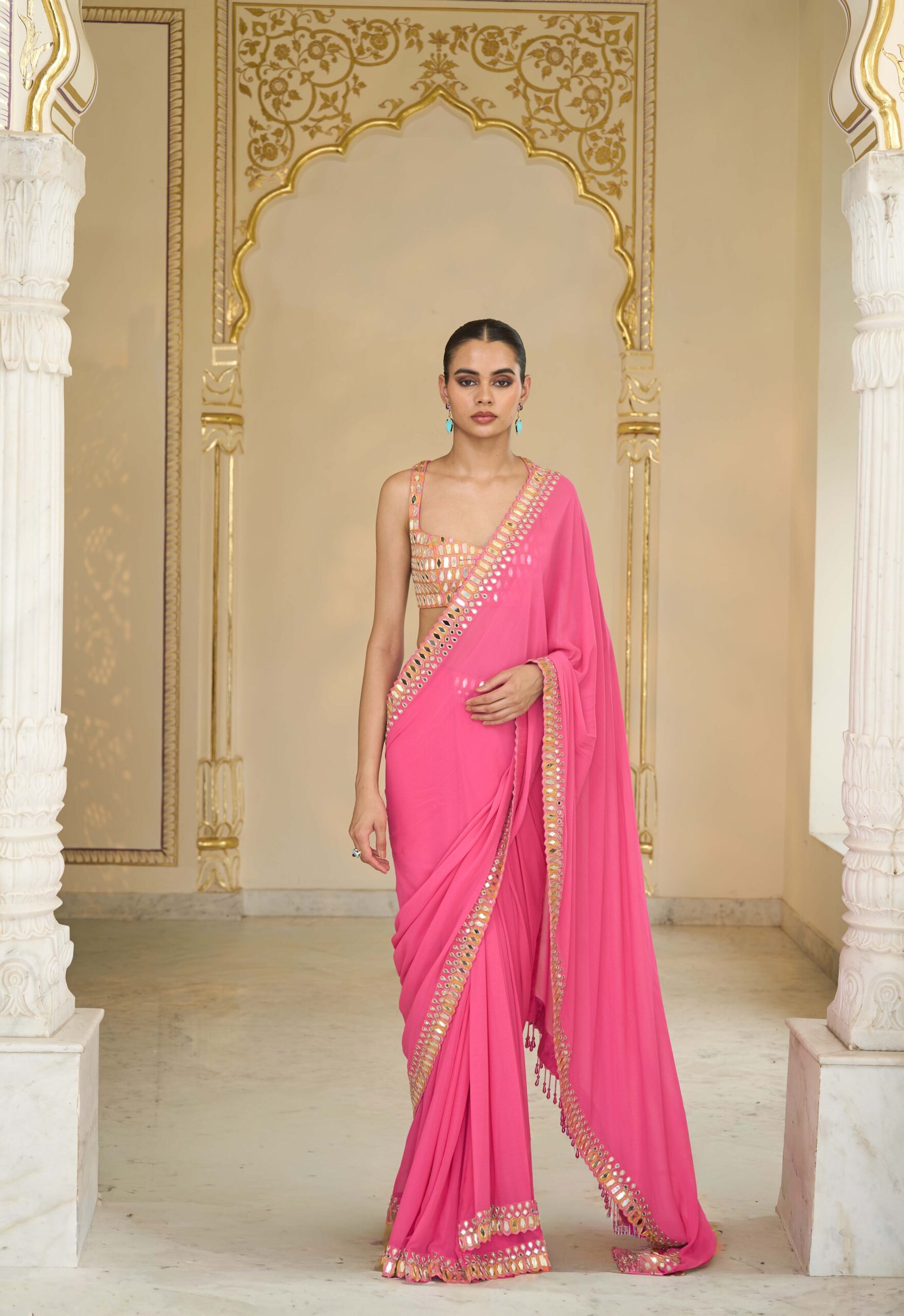 Pink hand embroidered classic sari set
