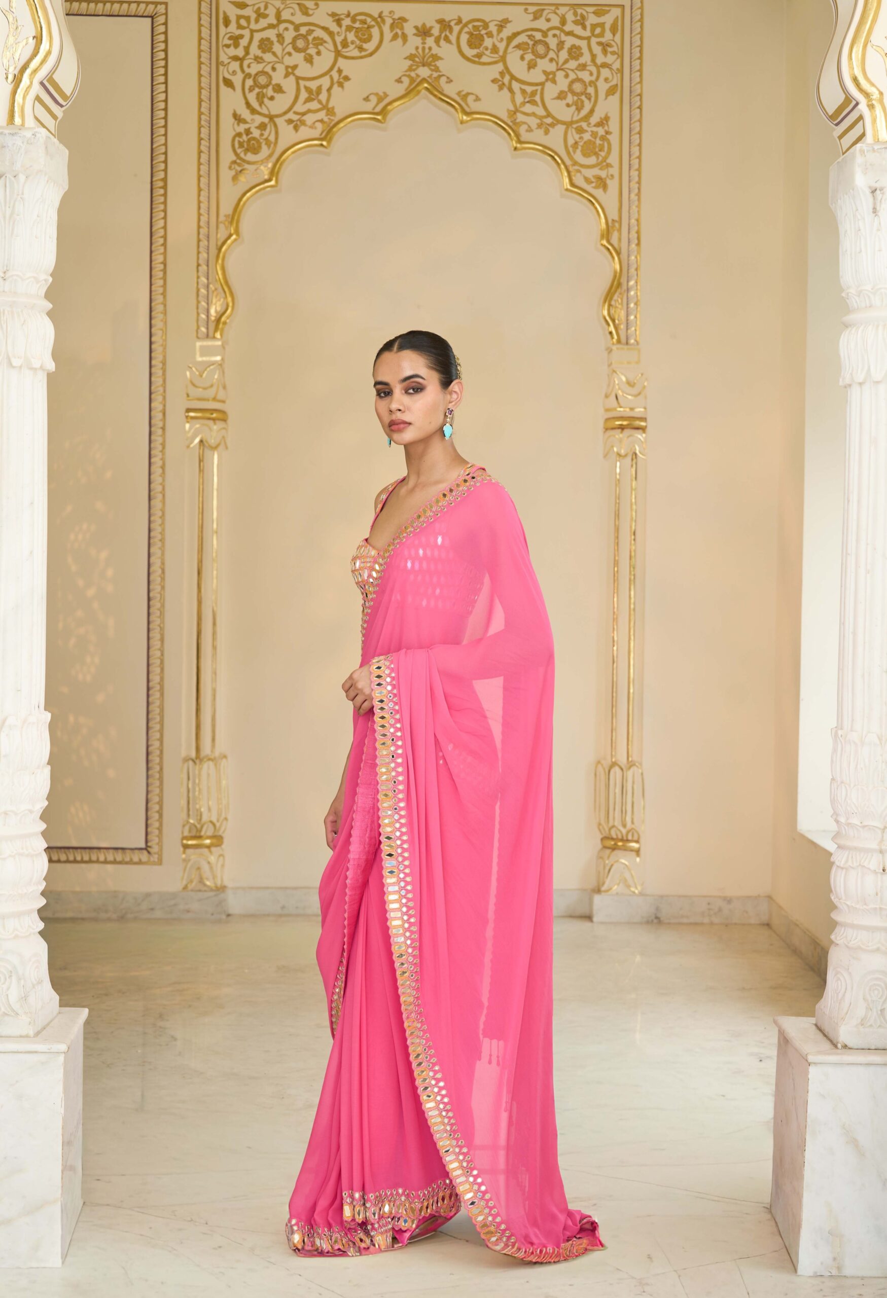 Pink hand embroidered classic sari set - Image 2
