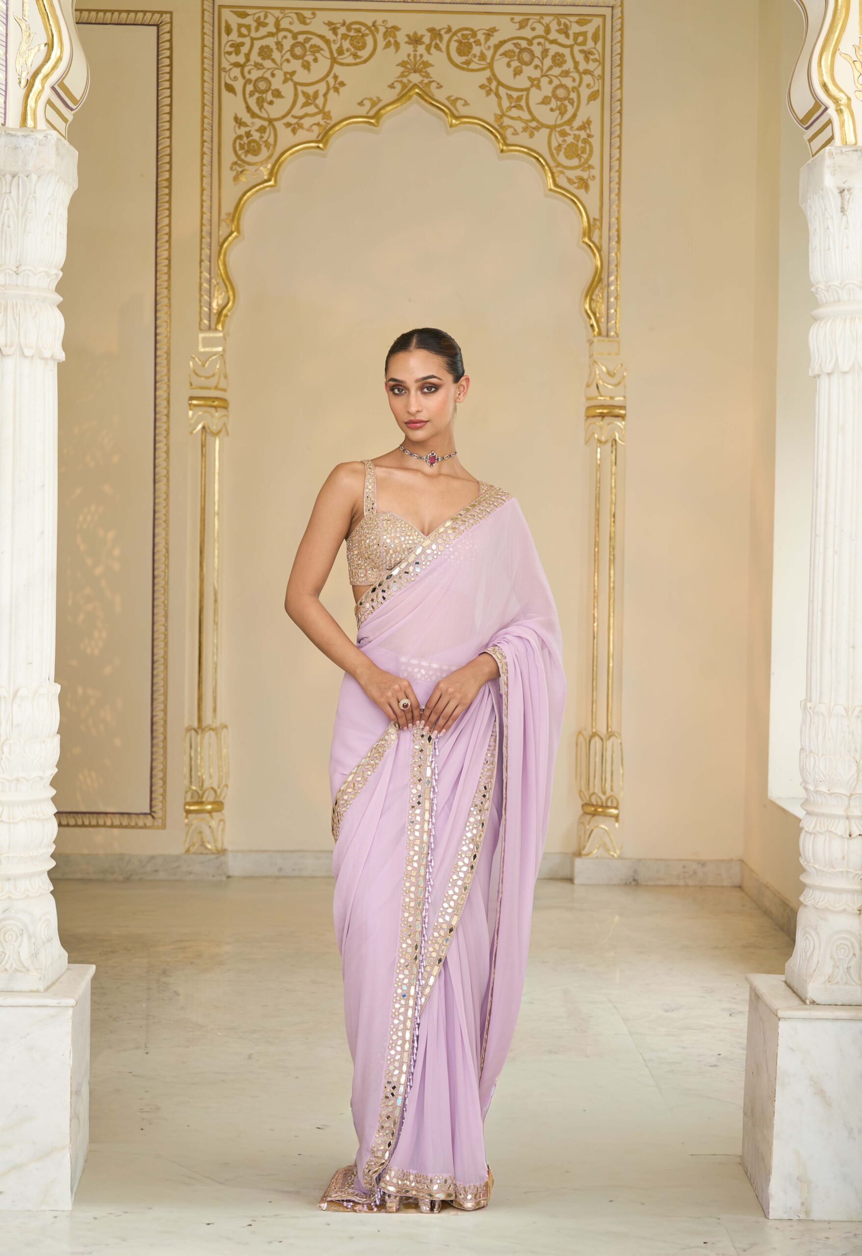 Lavender hand embroidered classic sari set
