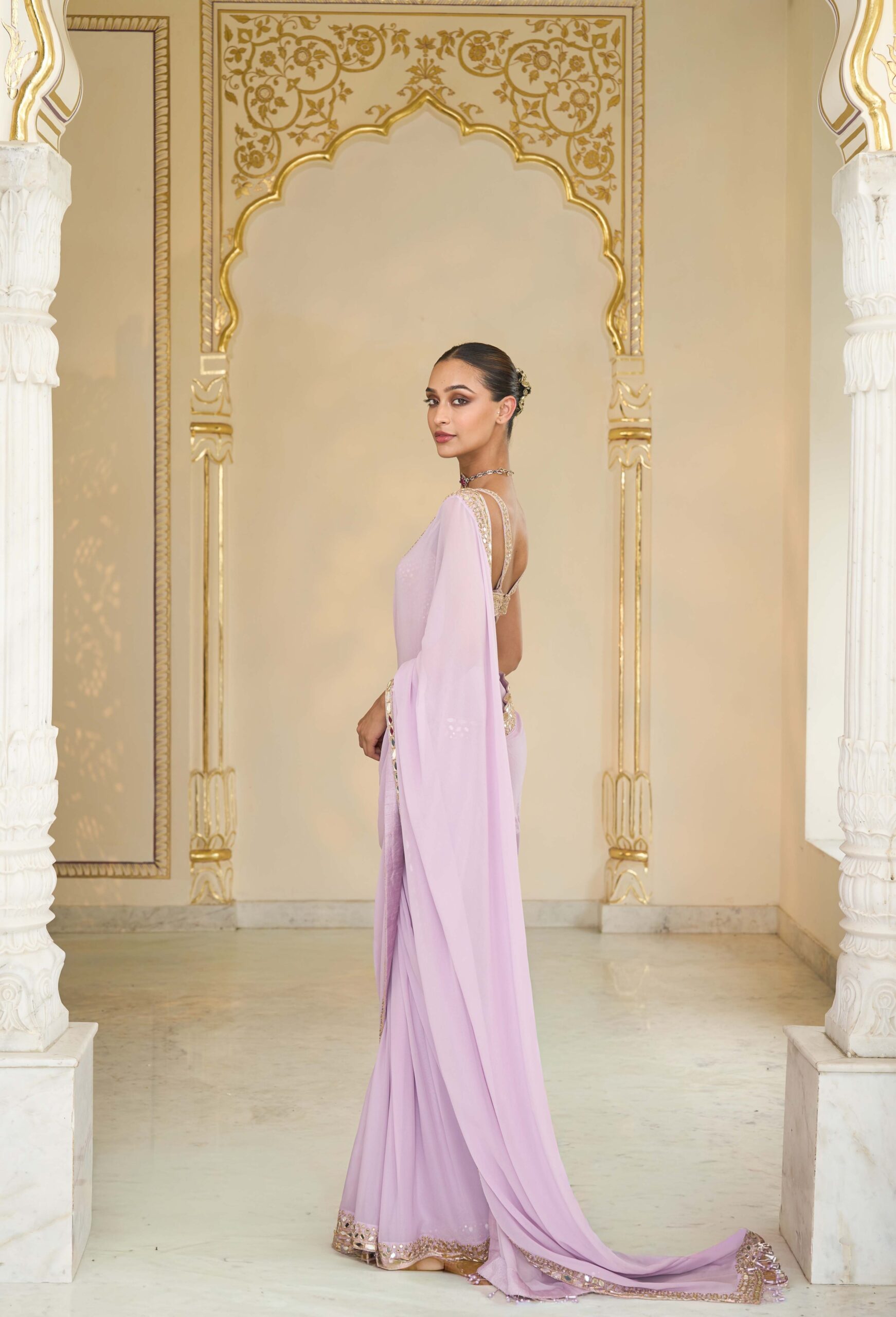 Lavender hand embroidered classic sari set - Image 2