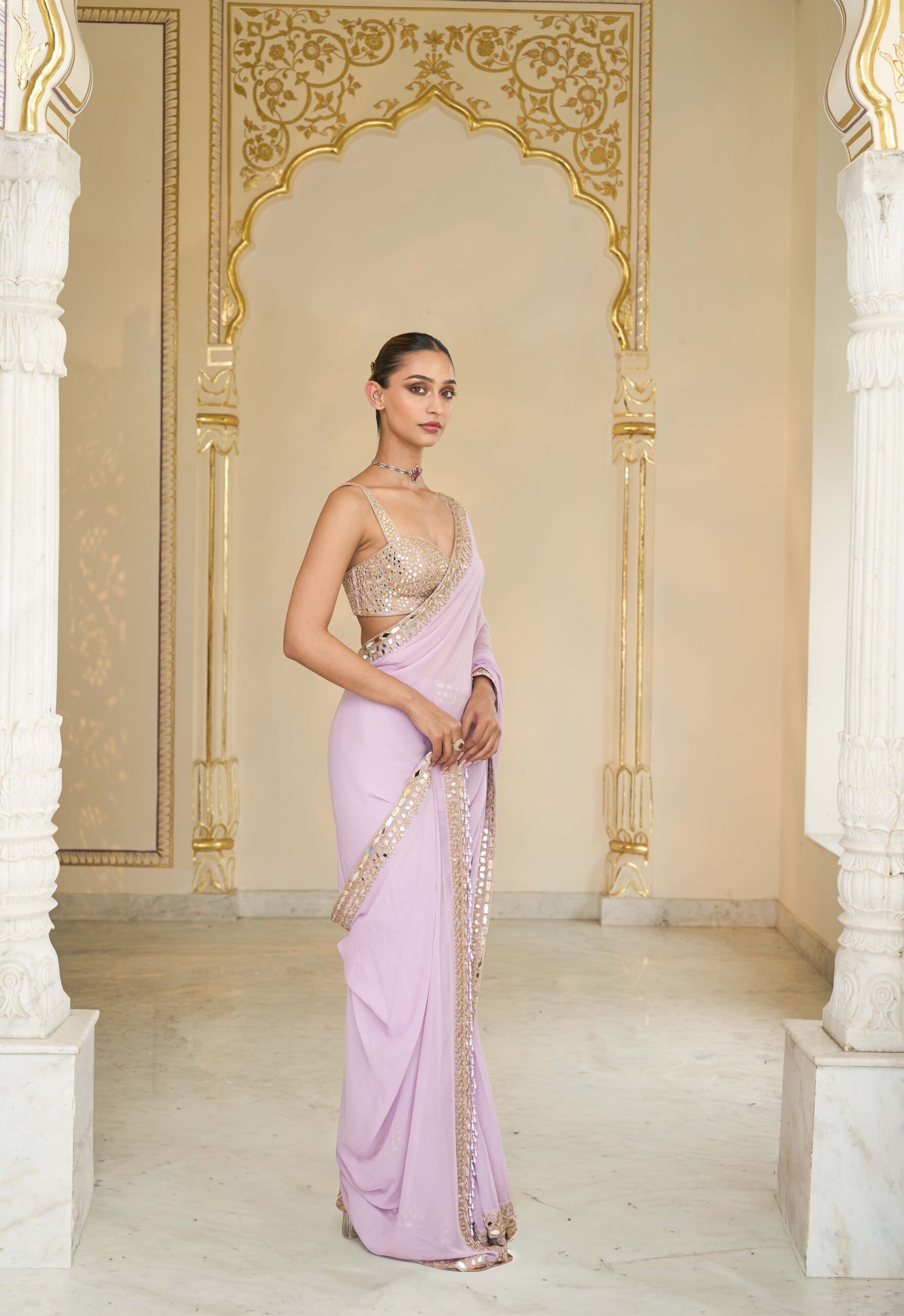 Lavender hand embroidered classic sari set - Image 3