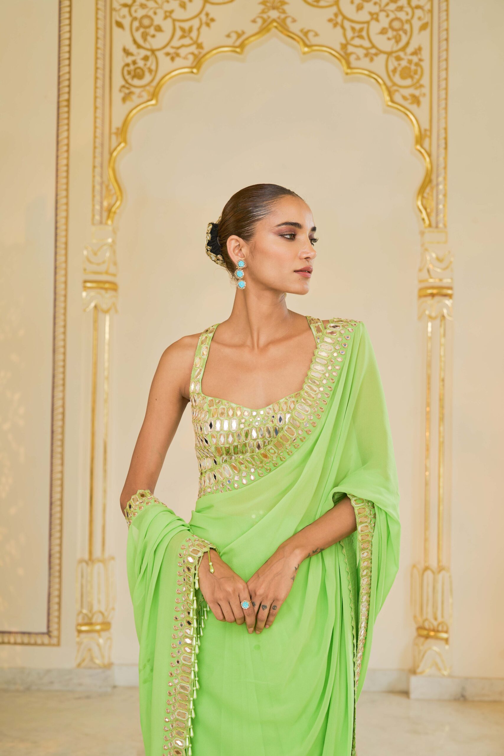 Lime green hand embroidered classic sari set - Image 5