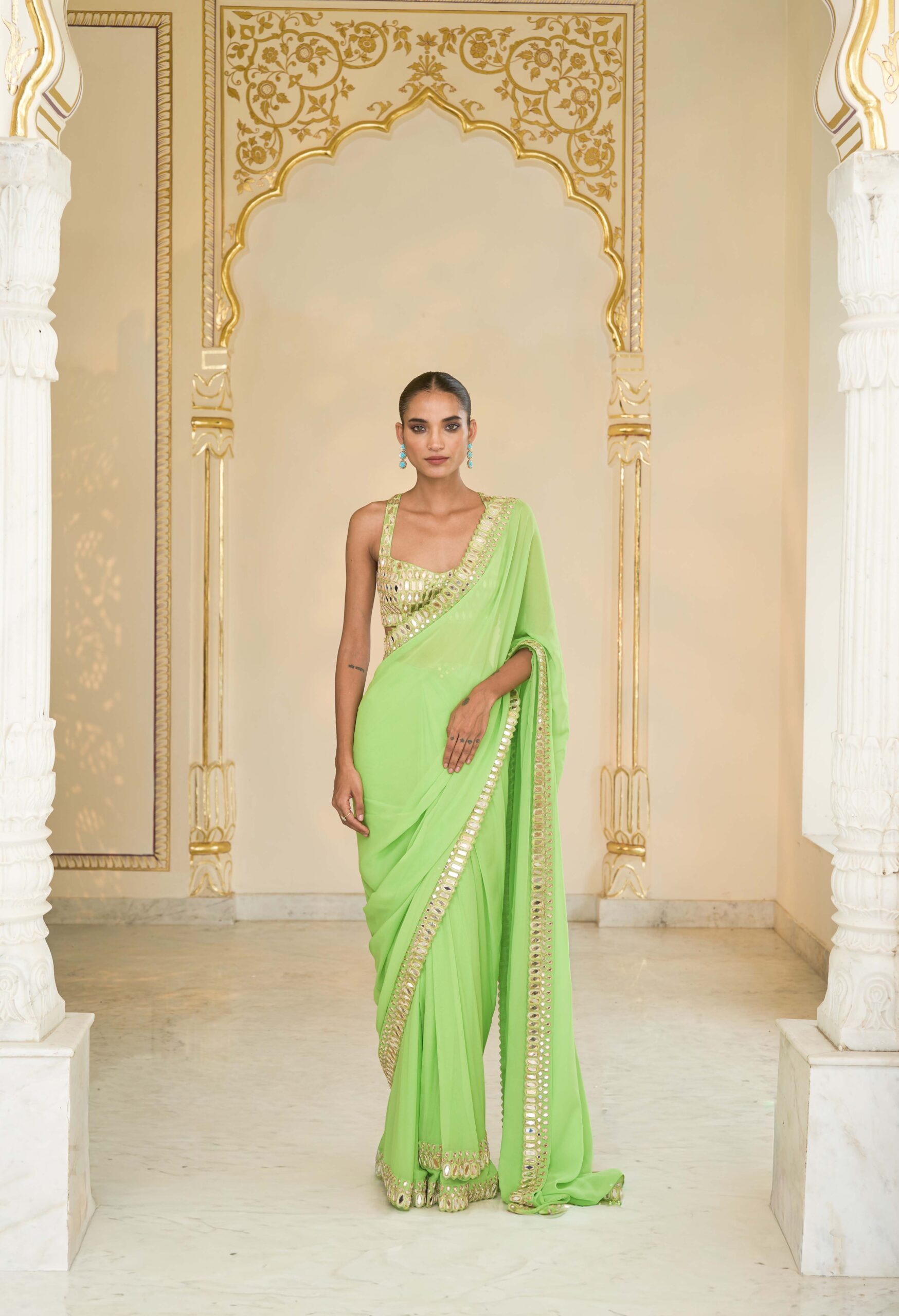 Lime green hand embroidered classic sari set