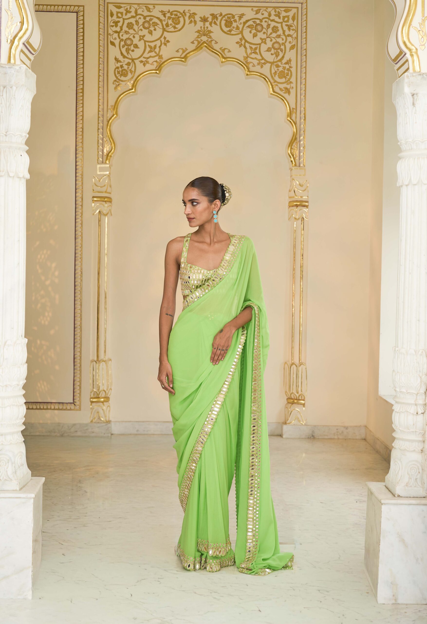 Lime green hand embroidered classic sari set - Image 2